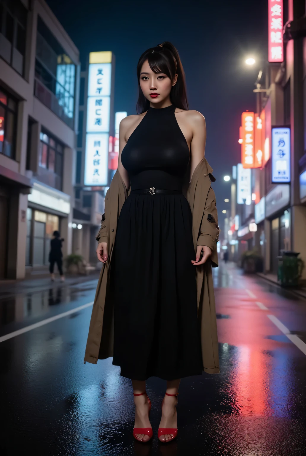 Pitch-dark street, night views, neon signs, wet roads.
She is wearing a trench coat over a black high-necked sleeveless shirt.
Long black skirt, red stiletto heels.
Super beautiful Japanese woman, looks like a intimidating dominatrix, long upturned eyeliners, red lips.
Long high ponytail.
Best quality, masterpiece.