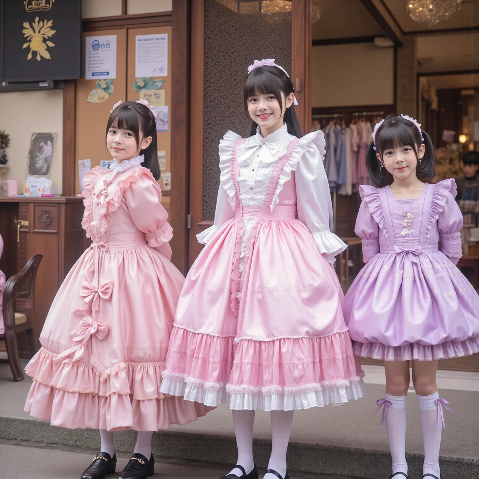 stylish Russian model, only 1 female, ((doll-like appearance)), long neon pink stylish hair, ((shiny Victorian-Style boots)), (big smile), ultra detailed eyes, very detailed eye makeup, lipgloss, long lashes, defined eyebrows, (( Sweet Lolita cosplay)), bell-shaped skirt, petticoats, high neckline, puffed sleeves, ((ultra detailed lace)), ((ultra detailed embroidery)), intricate details, animals, fairy tales, heart-shaped bag, Sweet Lolita accessoires, large bow, Sweet Lolita choker, ((large sparkling Sweet Lolita jewelry)), cinematic light, detailed large park background with trees