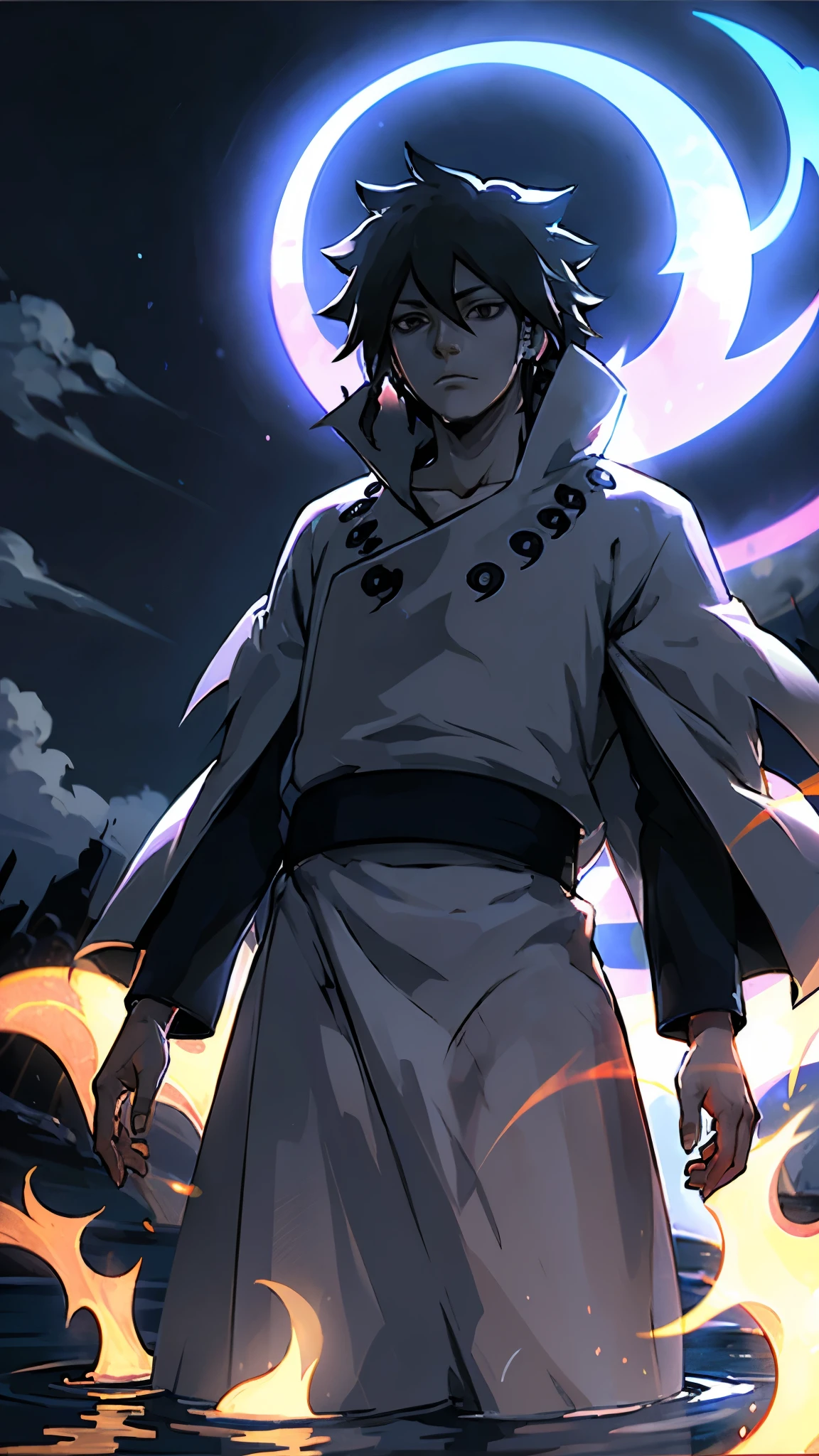 A solitary man with dark brown hair and piercing black eyes, wearing a flowing white tunic that billows in the wind, standing at the edge of a vast lake. He is surrounded by towering, luminous blue flames that spiral upward dramatically, casting an ethereal glow on his face and clothing. The flames dance with supernatural intensity, creating a mystical atmosphere. Behind him, a large full moon hangs low in the night sky, its silver light reflecting off the still water of the lake that stretches into the distance. The scene is set at twilight with deep blues and purples dominating the color palette. Cinematic composition, dramatic lighting, high contrast between the cool blue flames and warm moonlight, photorealistic style, epic fantasy atmosphere, wide-angle shot capturing both the figure and the expansive landscape.