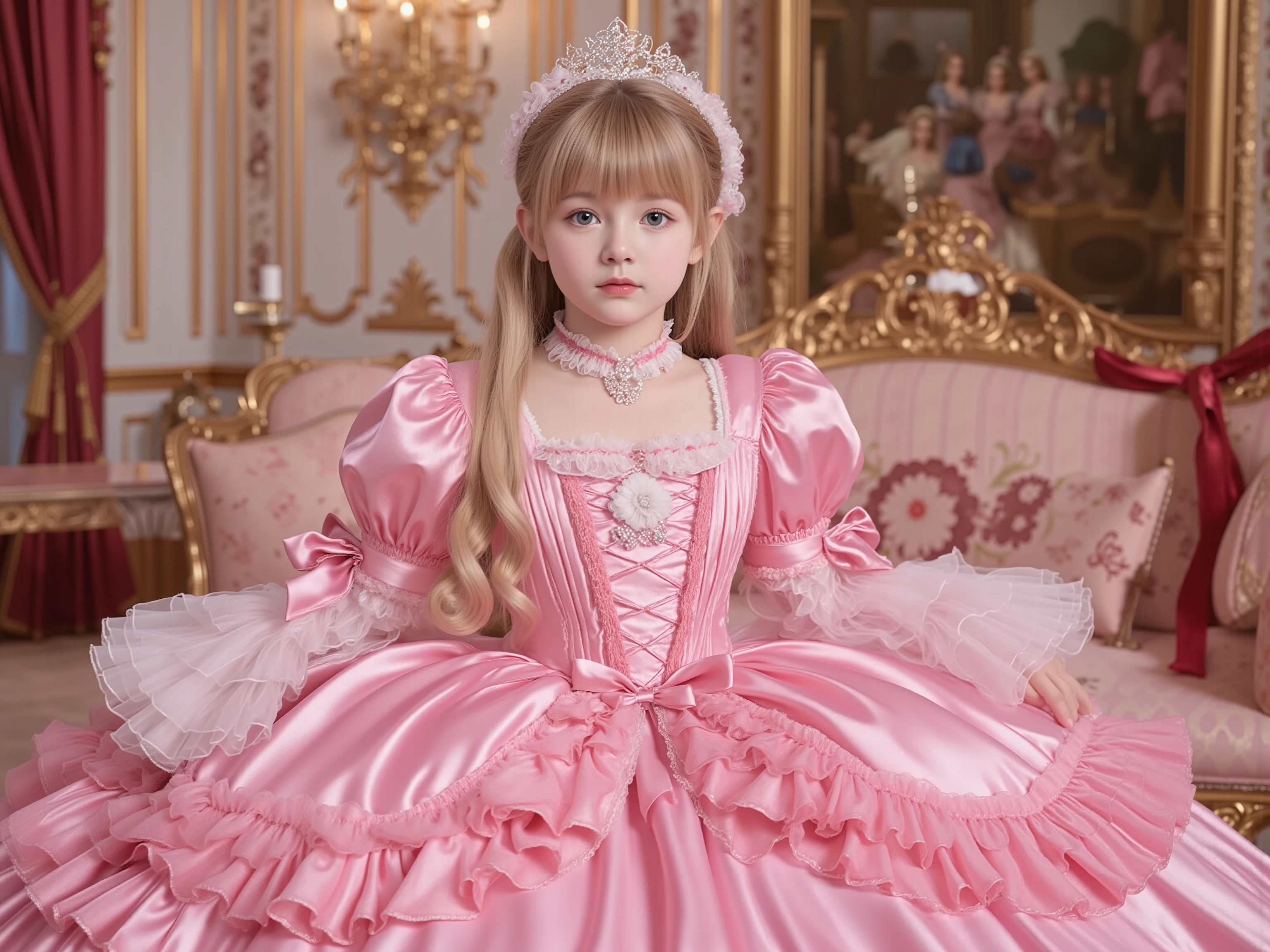 ,Highest Quality, masterpiece, highest resolution, art work, super それにget used to it, many get used to it, get used to it, それにget used to it, 3k photos,,((10 years old,Little Girls:1.1)),,((get used to an ultra-fine young face,Blonde Long Hair)),The three are princesses,((Shiny Colorful Silk Satin Princess Dress)),Long Ball Gown Dress with Hoop Skirt,ruffled yoke collar,puff sleeve,long sleeve,((Lolita Style Hot Pink、Princess Satin Dress with Details、lots of ruffles and bows)),Rococo Fashion,,Soft Smooth Fabric,luxury,long blond hair,blue eyes, WHITE SKINED EUROPEAN   ,  European palaces   ,  High quality background  ,