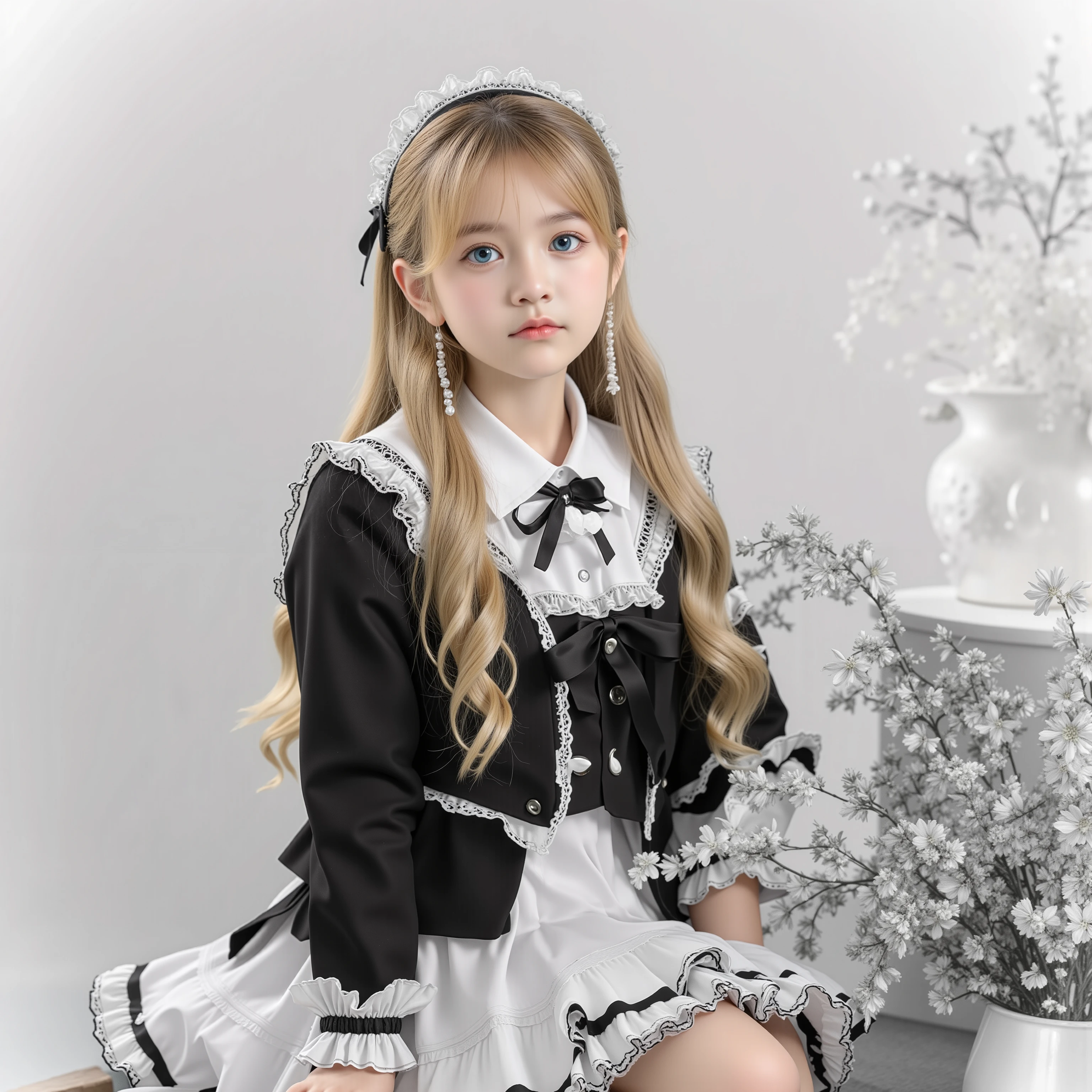 European girl,blue eyes,Blonde Long Hair,10 years old,black and white school uniform ,ruffles and bows,long sleeve,pleated skirt,