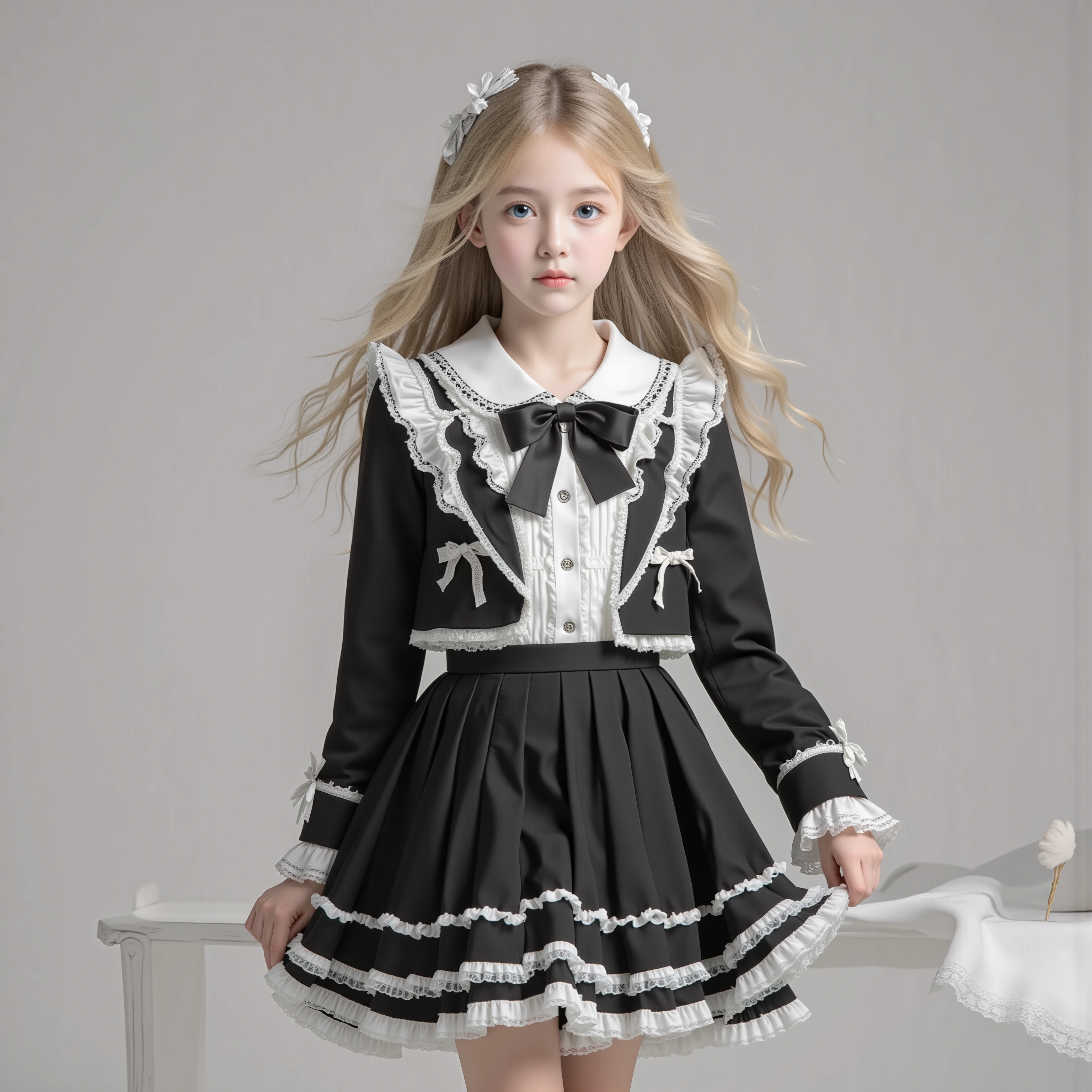 European girl,blue eyes,Blonde Long Hair,10 years old,black and white school uniform ,ruffles and bows,long sleeve,pleated skirt,