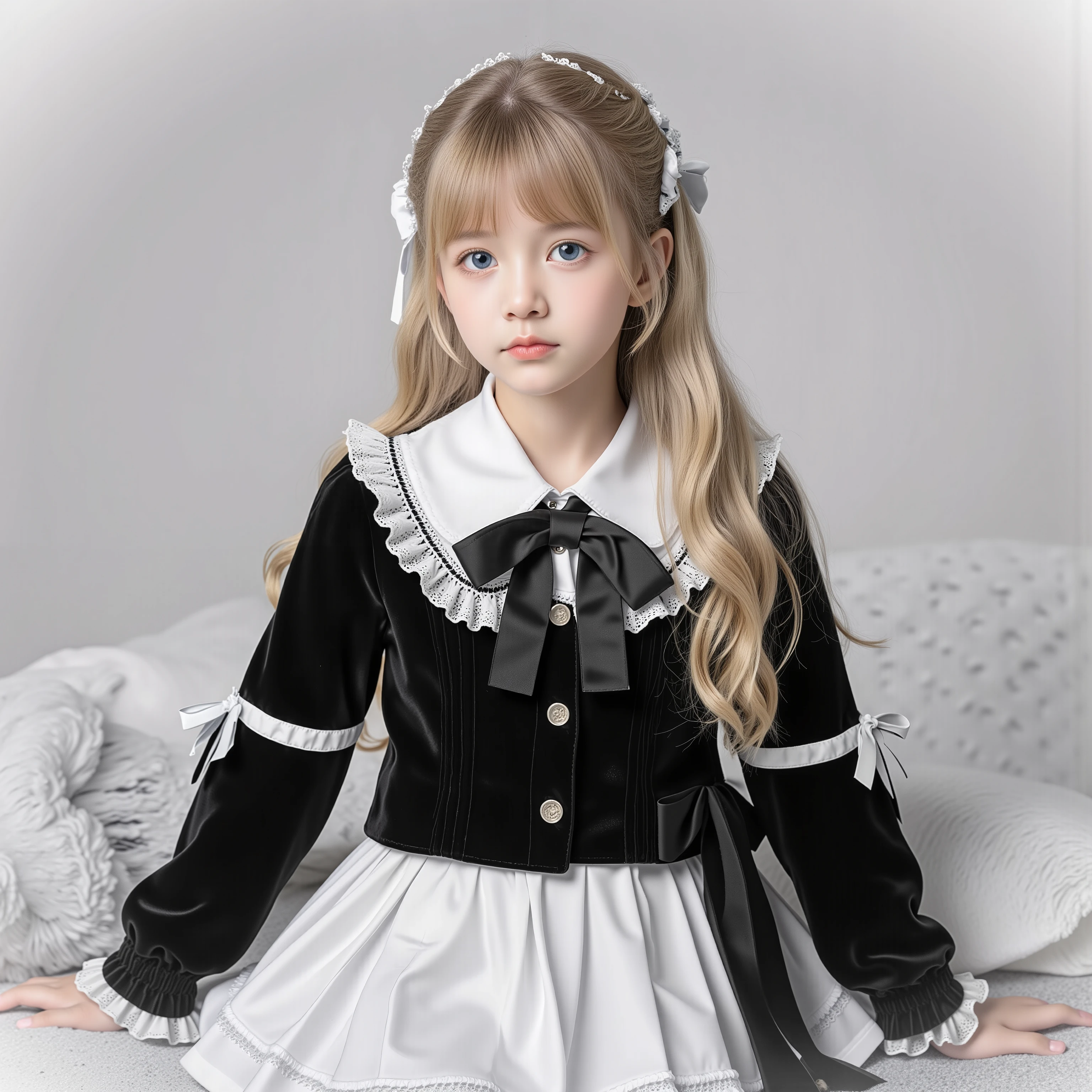 European girl,blue eyes,Blonde Long Hair,10 years old,black and white school uniform ,ruffles and bows,long sleeve,pleated skirt,