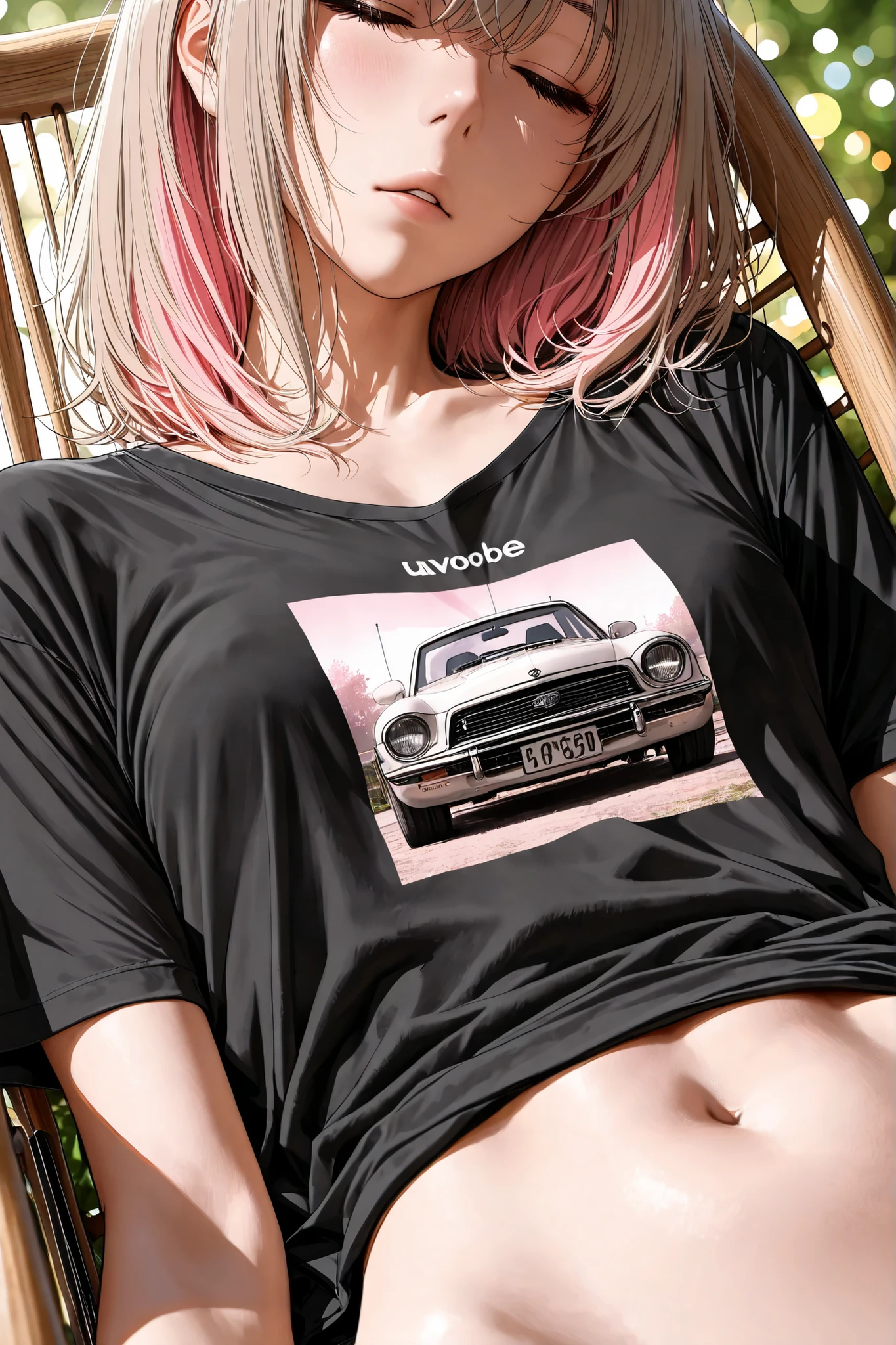 medium hair, light brown hair, light pastel pink inner hair,small breasts,Black t-shirt with car engine art printed on it,no pants,,woman sleeping in a rocking chair,(from avobe), (extreme close-up, focus on chest:1.3), upper body,Dutch angle,garden,maorix,(masterpiece, detailed:1.2),adult woman,High Quality,4K,8K,Fine,Realistic,like the picture,HDR,UHD,Studio Lighting,extreme details,Professional,Brilliant Colors,Bokeh,natural pose,Narrative Expressions,Graceful Modeling,pastel color,Soft Light