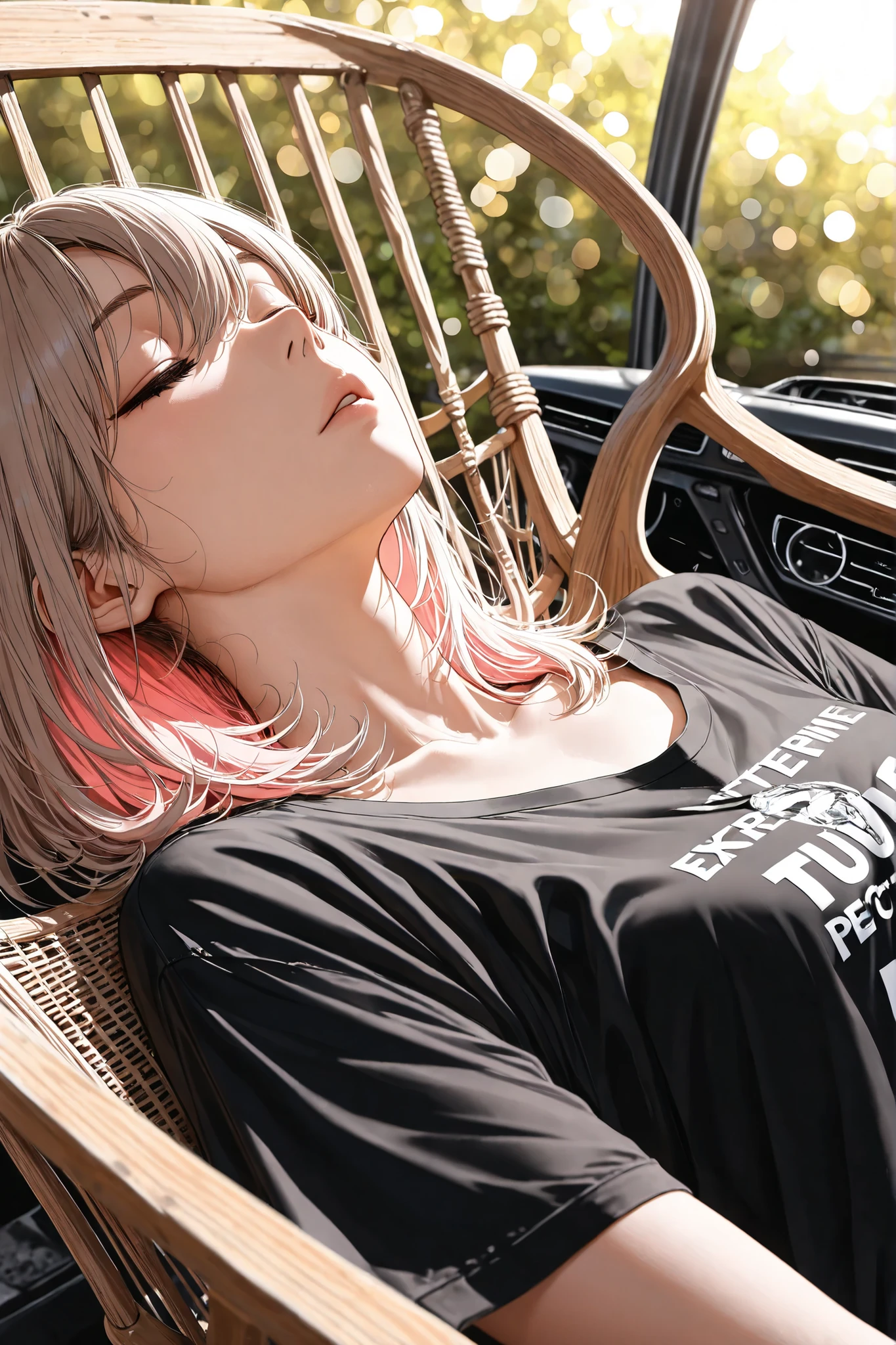 medium hair, light brown hair, light pastel pink inner hair,small breasts,Black t-shirt with car engine art printed on it,no pants,,woman sleeping in a rocking chair,(from avobe), (extreme close-up, focus on chest:1.3), upper body,Dutch angle,garden,maorix,(masterpiece, detailed:1.2),adult woman,High Quality,4K,8K,Fine,Realistic,like the picture,HDR,UHD,Studio Lighting,extreme details,Professional,Brilliant Colors,Bokeh,natural pose,Narrative Expressions,Graceful Modeling,pastel color,Soft Light