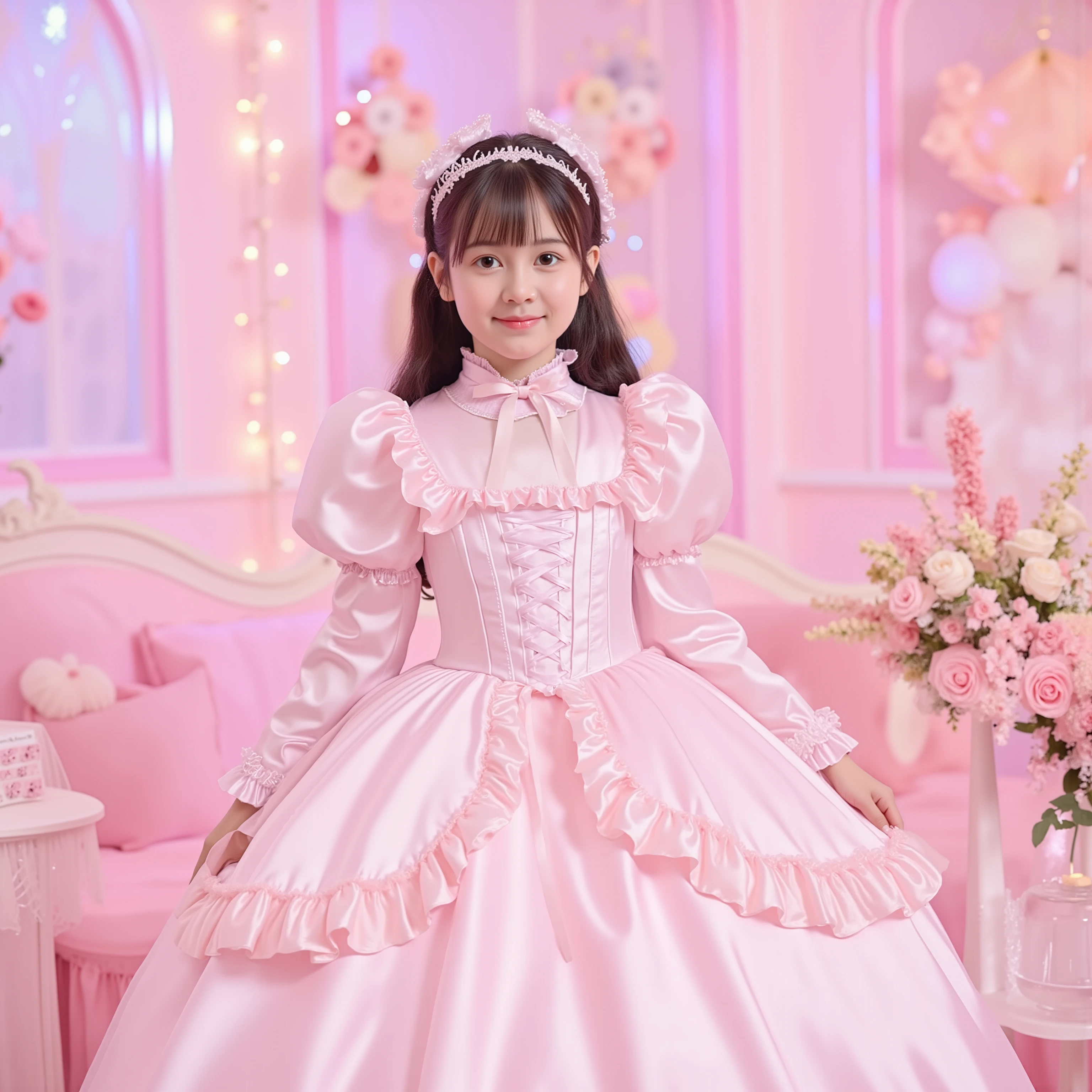 Princess Girls,10 years old,pastel colored silk satin or large ball gown dress,Large hoop skirt ,long sleeve,puff sleeve,ruffle sleeve,Ruffle Yoke Collar,large yoke collar,lace up corset with ribbon,cute dress decorated with ruffles and bows,in a lovely space