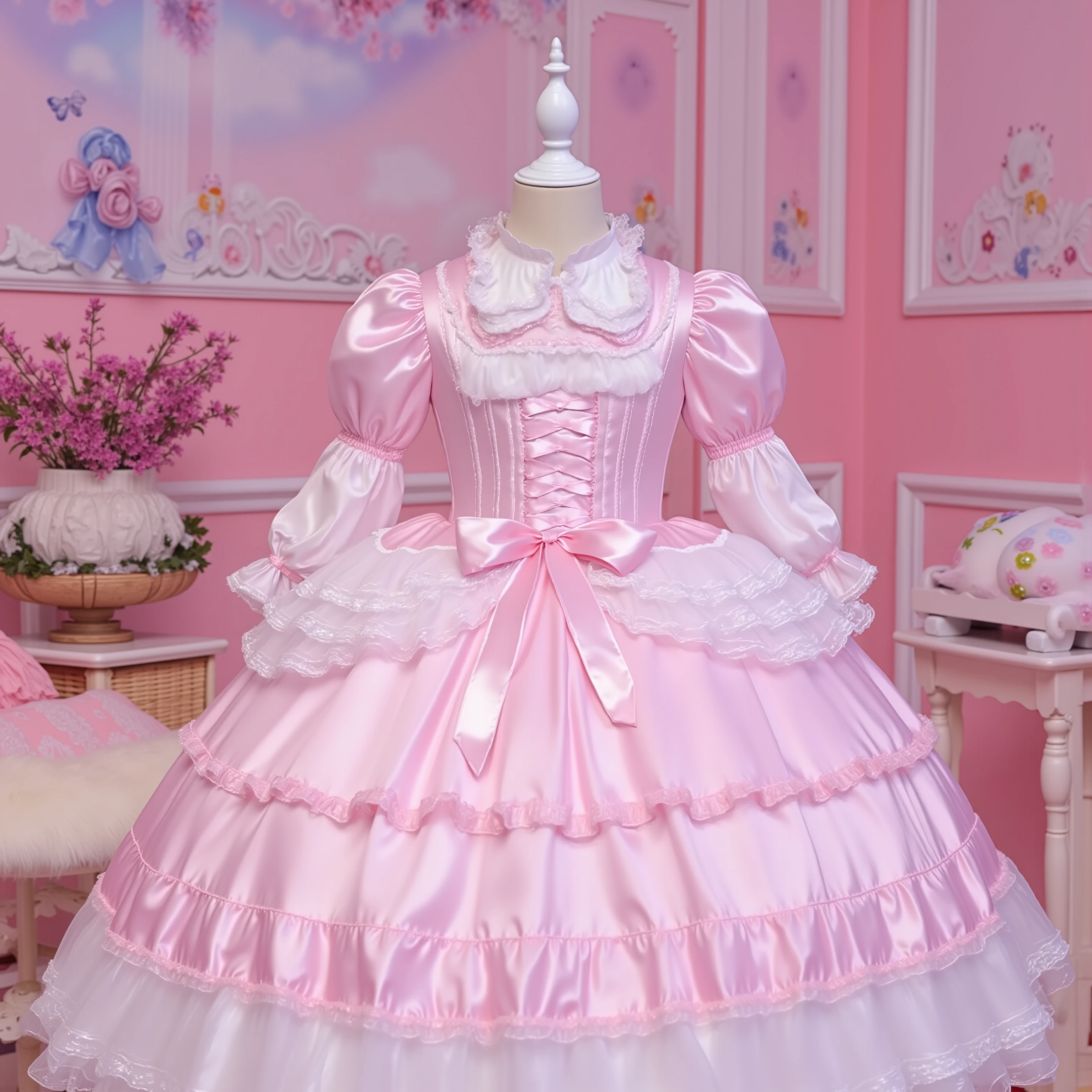 Princess Girls,10 years old,pastel colored silk satin or large ball gown dress,Large hoop skirt ,long sleeve,puff sleeve,ruffle sleeve,Ruffle Yoke Collar,large yoke collar,lace up corset with ribbon,cute dress decorated with ruffles and bows,in a lovely space