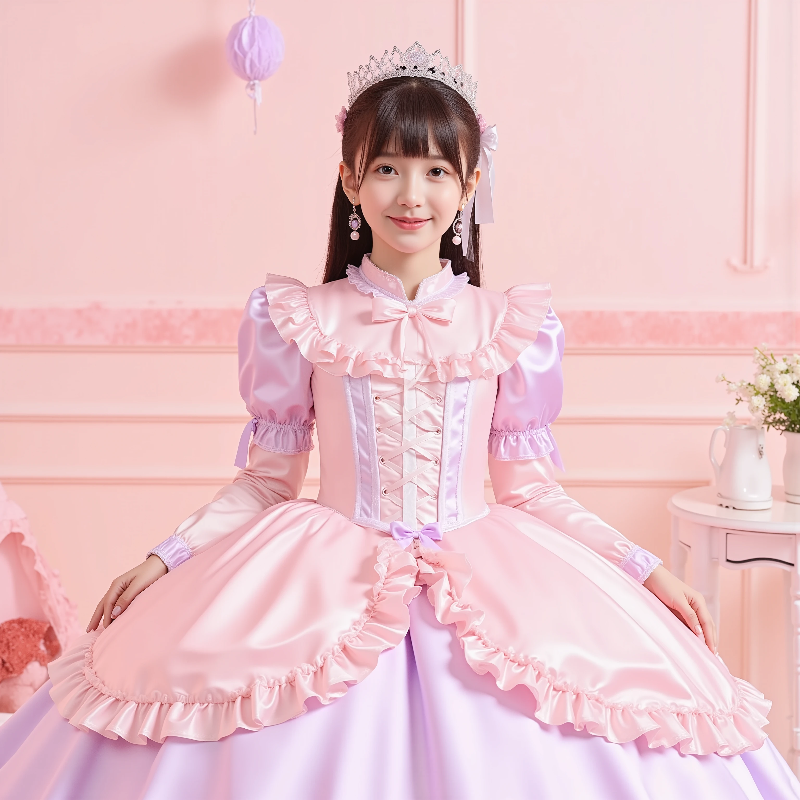 Princess Girls,10 years old,Large Ball Gown Dress in Pastel Colors,Large hoop skirt ,long sleeve,puff sleeve,ruffle sleeve,Ruffle Yoke Collar,large yoke collar,lace up corset with ribbon,princess tiara to wear on the back of the head,cute dress decorated with ruffles and bows,Soft and Smooth Silk Satin Fabric,in a lovely space