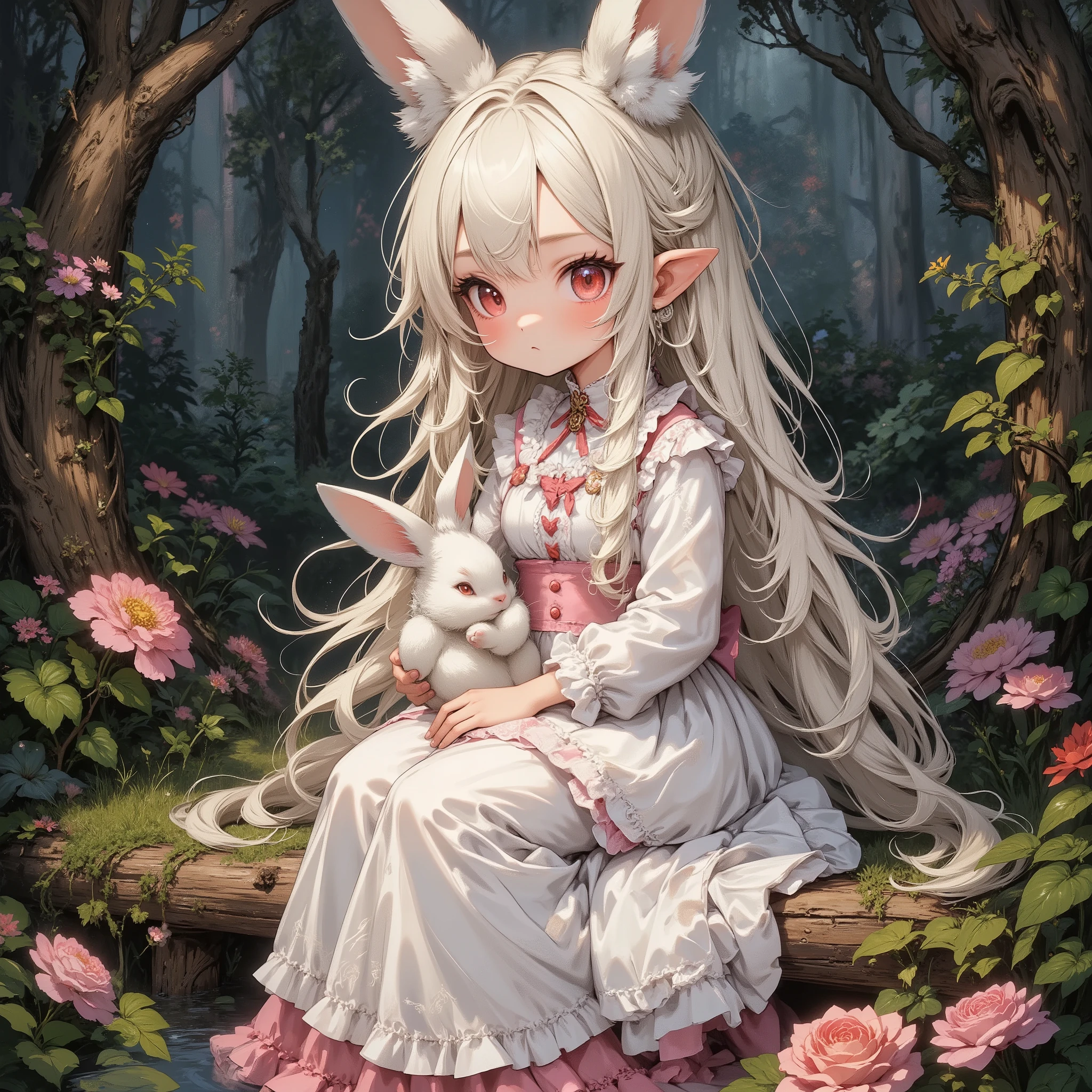 (Highest Quality, Super Detailed:1.5), 8k,(one girl), (Bunny Eared Elf Girl:1.5),Platinum Blonde Hair, very long hair, round eyes,(bunny ears grow:1.5), (Anatomically Accurate Hand:1.5),(red beautiful eyes:1.5), Full Body, arms behind back, small breasts,(Beautiful Vines and Flowers々playing with fairies that look like rabbits:1.5),( beautiful flowers 々is in full bloom:1.5), (The background is a beautiful fantastic forest:1.5), (long-sleeved white and pink ruffle collared dress:1.5), (I'm sitting in a hammock woven with:1.5),(A girl is holding a biologically accurate rabbit:1.5),(Anatomically Accurate Hand:1.5),