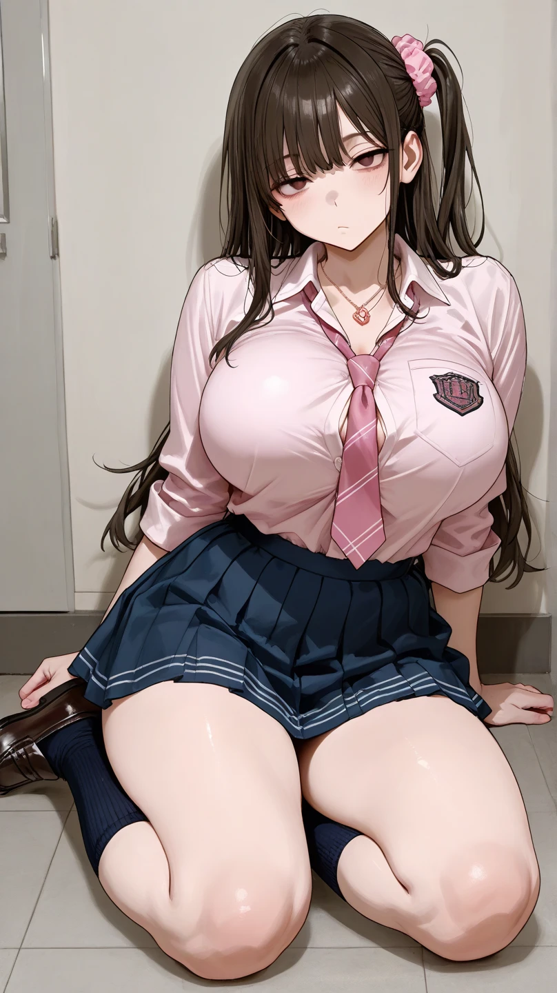 (best quality, realistic, highres, 1girl) Cowgirl、?????, wide-open mouth, realistic, high quality, 1 girl, saliva, (heart-shaped pupils) ??????, high school girl, (???????????:1.3), narrow eyes, saliva,, sweaty, black hair, uniform, facial ???????、Watery eye,Cramp