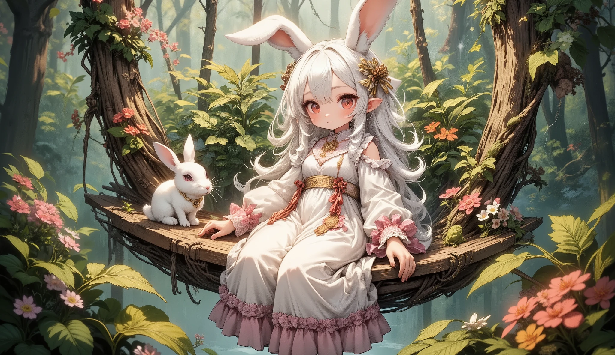 (Highest Quality, Super Detailed:1.5), 8k,(one girl), (Bunny Eared Elf Girl:1.5),Platinum Blonde Hair, very long hair, round eyes,(bunny ears grow:1.5), (Anatomically Accurate Hand:1.5),(red beautiful eyes:1.5), Full Body, arms behind back, small breasts,(Beautiful Vines and Flowers々playing with fairies that look like rabbits:1.5),( beautiful flowers 々is in full bloom:1.5), (The background is a beautiful fantastic forest:1.5), (long-sleeved white and pink ruffle collared dress:1.5), (I'm sitting in a hammock woven with:1.5),(A girl is holding a biologically accurate rabbit:1.5),(Anatomically Accurate Hand:1.5),