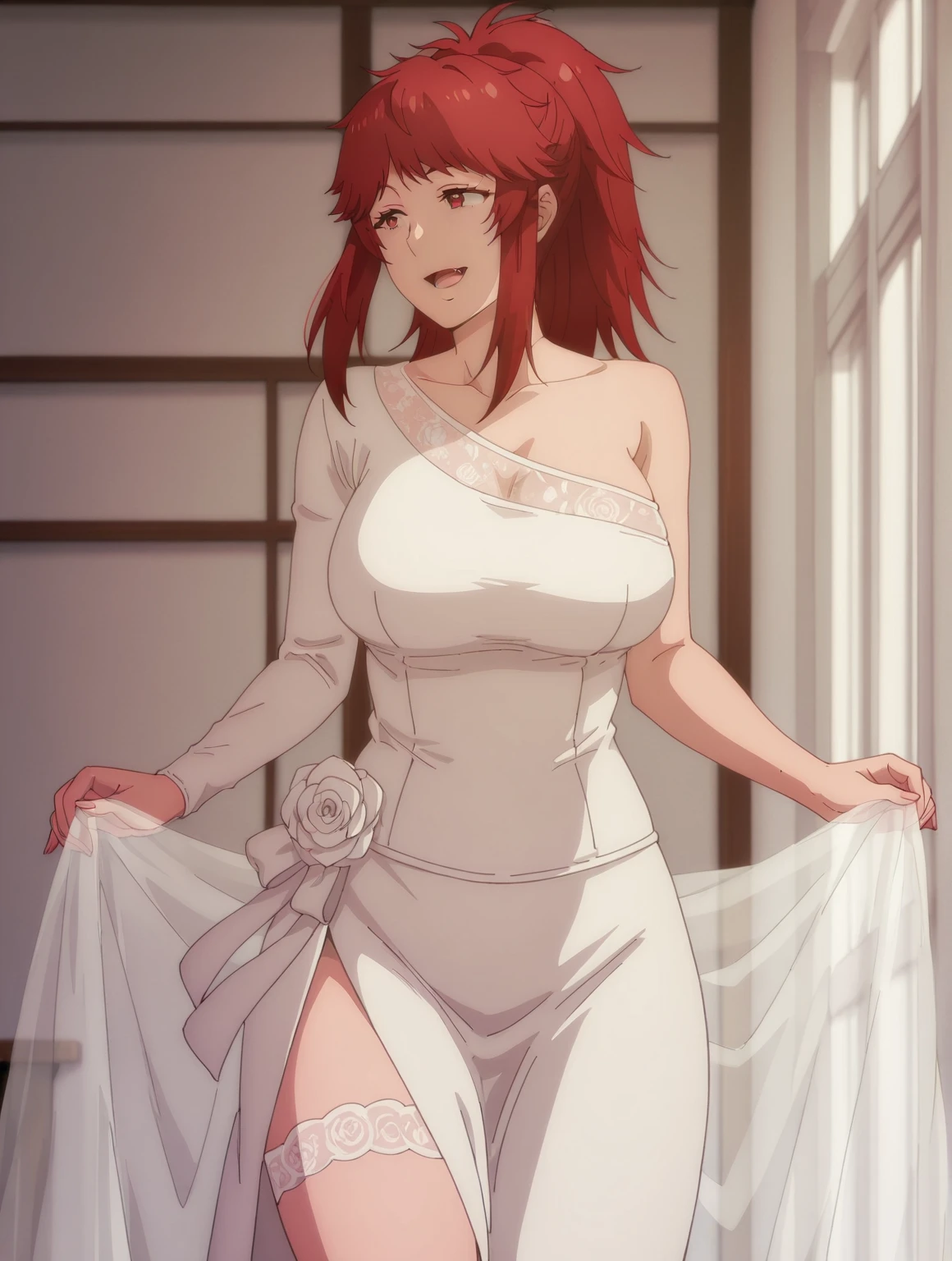 makima from chainsawman, yellow vivid eyes, wearing an elegant wedding dress, cleavage, , hair braided, standing, church setting, red petals raining down, seated guests, excited, smiling, holding flowers