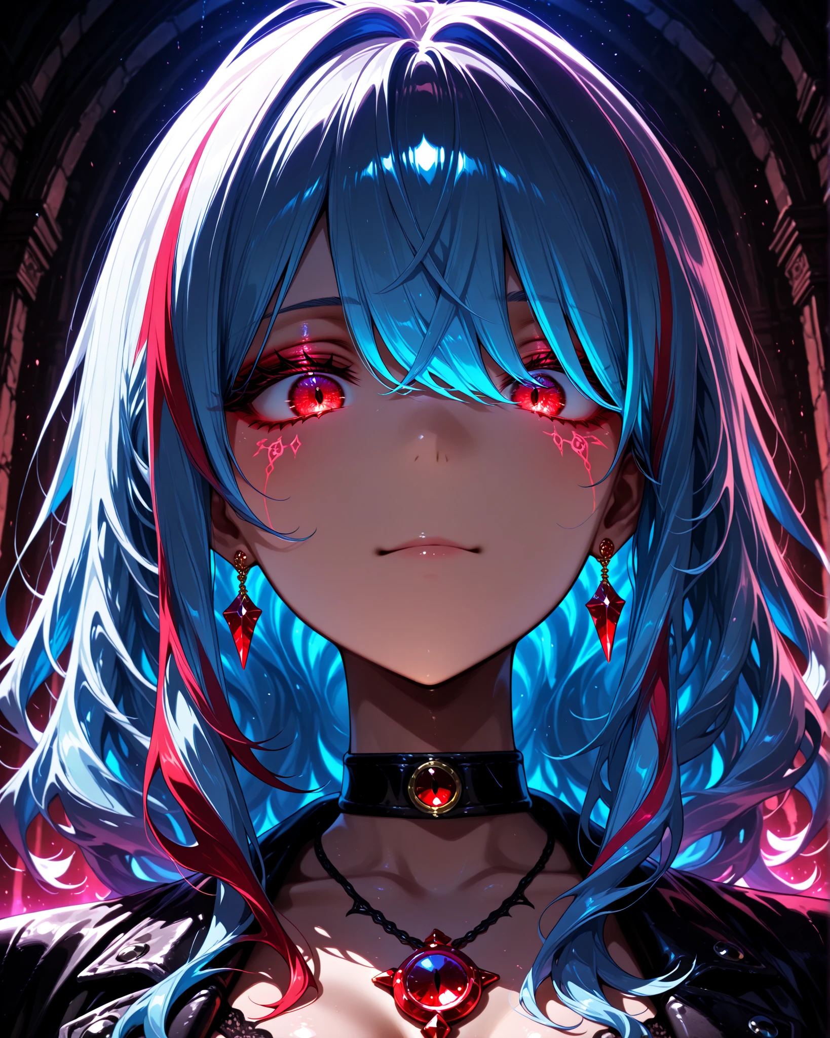 wolfcut, fluffy hair, voluminous hair, wavy centerparted, wavy bangs, wavy hair, front angle, extreme close-up, (masterpiece, vivid colors, 4k), {1woman}:(a beautiful and attractive woman with "long blue hair:1.2" with red highlights and a hairstyle with bangs, red rectangular eyes with half slits, a very detailed earring made of red jewels), rising from a nightmare/dream, a hostile and distorted atmosphere, well lit and with perfect shadows