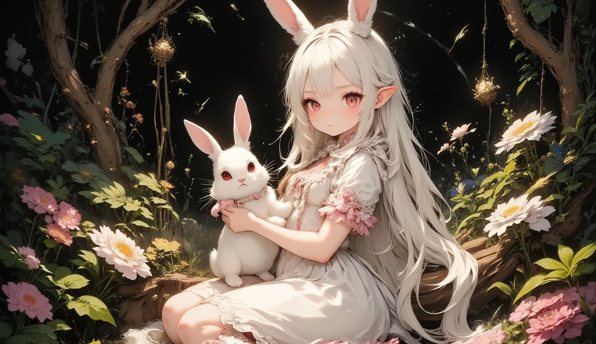 (Highest Quality, Super Detailed:1.5), 8k,(one girl), (Bunny Eared Elf Girl:1.5),Platinum Blonde Hair, very long hair, round eyes,(bunny ears grow:1.5), (Anatomically Accurate Hand:1.5),(red beautiful eyes:1.5), Full Body, arms behind back, small breasts,(Beautiful Vines and Flowers々playing with fairies that look like rabbits:1.5),( beautiful flowers 々is in full bloom:1.5), (The background is a beautiful fantastic forest:1.5), (long-sleeved white and pink ruffle collared dress:1.5), (I'm sitting in a hammock woven with:1.5),(A girl is holding a biologically accurate rabbit:1.5),(Anatomically Accurate Hand:1.5),