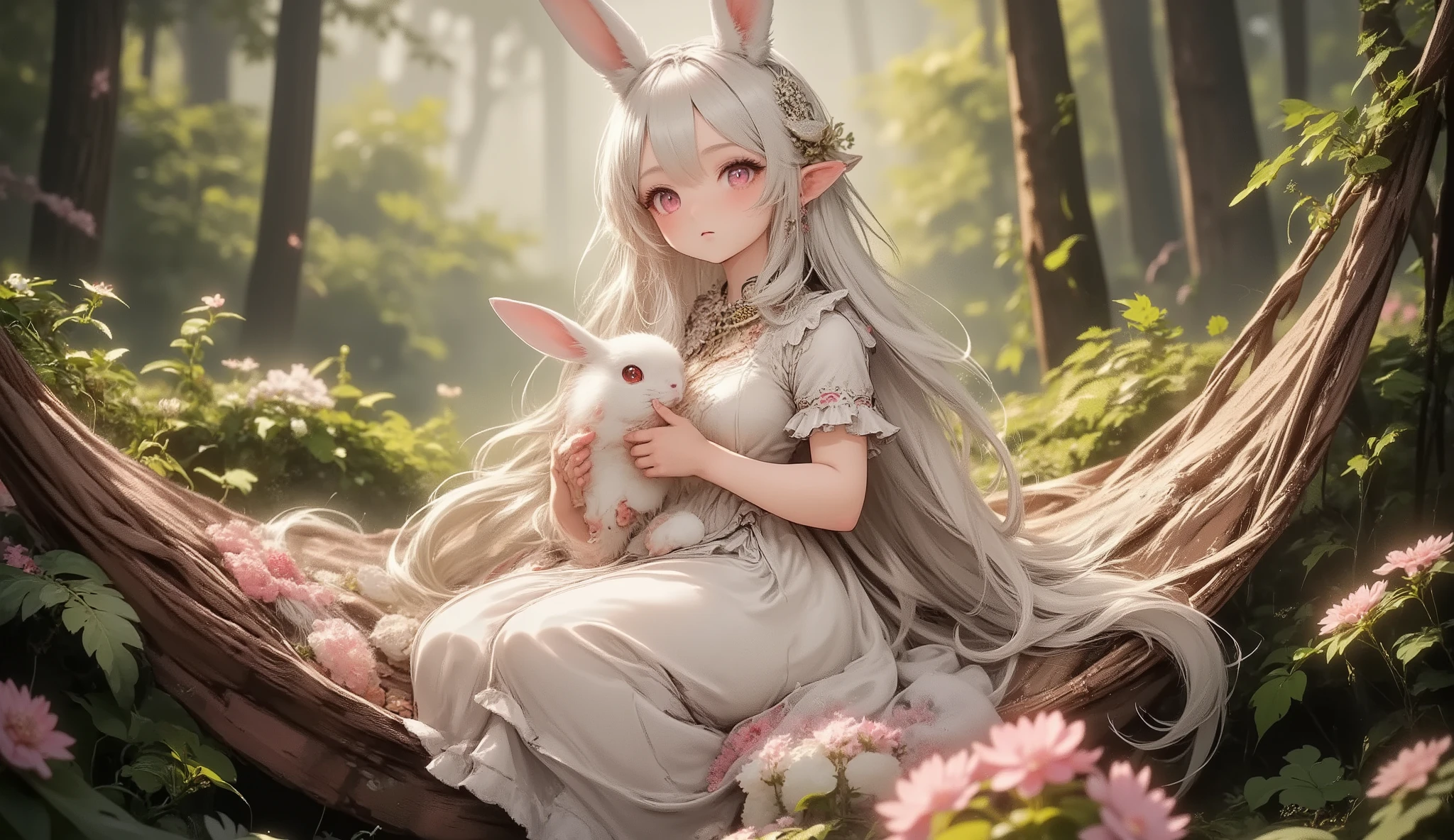 (Highest Quality, Super Detailed:1.5), 8k,(one girl), (Bunny Eared Elf Girl:1.5),Platinum Blonde Hair, very long hair, round eyes,(bunny ears grow:1.5), (Anatomically Accurate Hand:1.5),(red beautiful eyes:1.5), Full Body, arms behind back, small breasts,(Beautiful Vines and Flowers々playing with fairies that look like rabbits:1.5),( beautiful flowers 々is in full bloom:1.5), (The background is a beautiful fantastic forest:1.5), (long-sleeved white and pink ruffle collared dress:1.5), (I'm sitting in a hammock woven with:1.5),(A girl is holding a biologically accurate rabbit:1.5),(Anatomically Accurate Hand:1.5),
