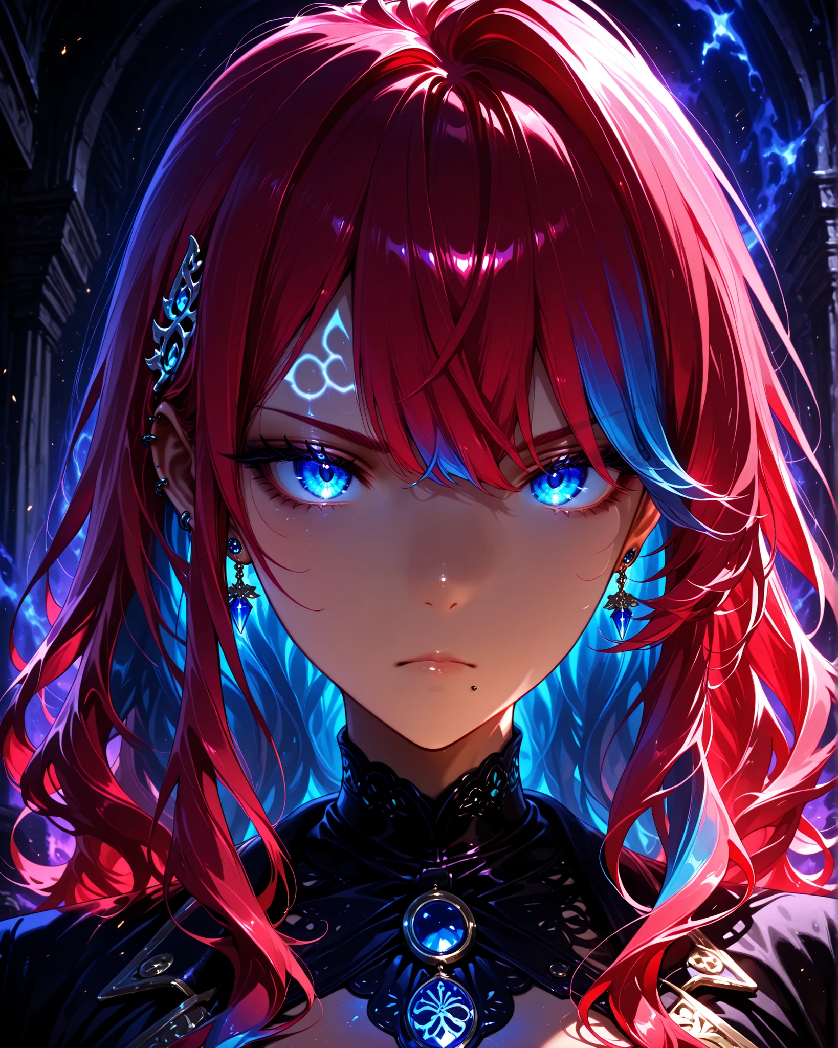 wolfcut, fluffy hair, voluminous hair, wavy centerparted, wavy bangs, wavy hair, front angle, extreme close-up, (masterpiece, vivid color, 4k), {1woman}:(a beautiful and attractive woman, with long red hair with blue highlights and a rebellious hairstyle, serious rectangular blue eyes half-closed, a very detailed ear piercing with blue jewels), rising from a nightmare/dream, a hostile and distorted atmosphere, well lit and with perfect shadows