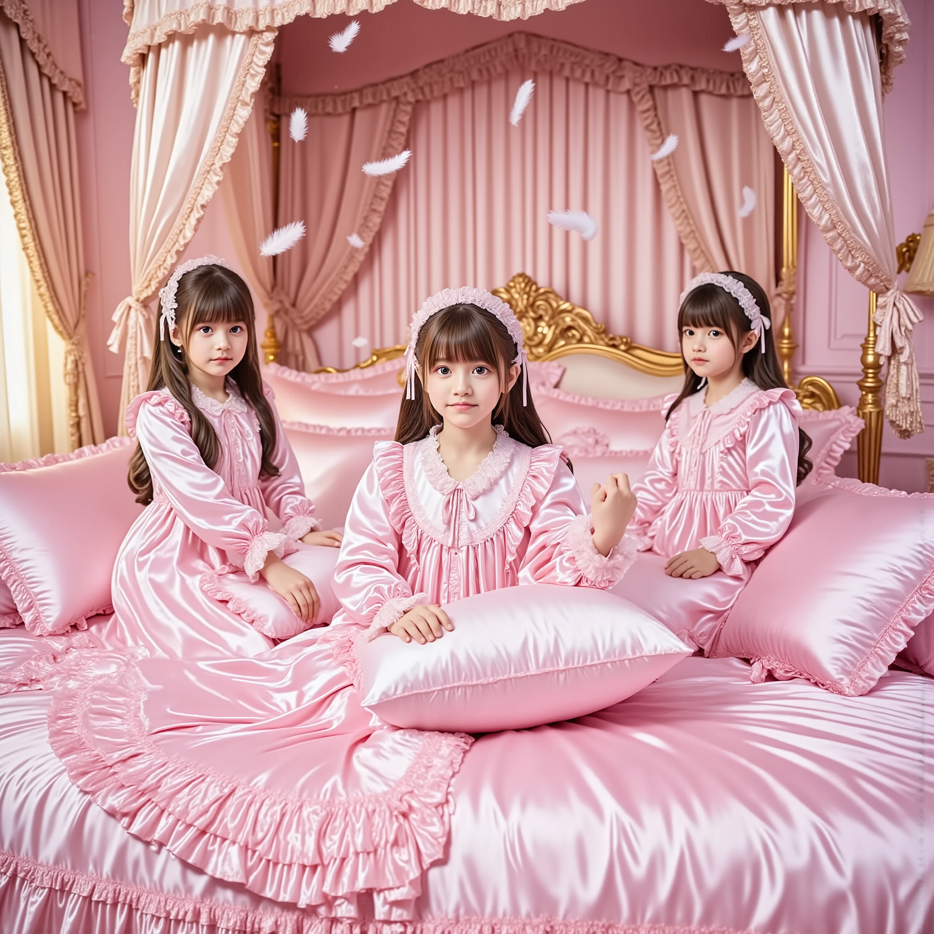 3 young girls capture a gorgeous, innocence like feathers scattered around. The girls suggest a long, Some artwork looks casual、moment of laid-back joy in the room. Similar pink fabric on top of the canopy bed, Luxurious, similar pink fabric on the background. soft, diffuse sunlight filters coming in through a nearby window, , so 、the dreamy atmosphere in the room. The wall is painted in a light shade of pink, complement the overall color scheme, covered with、on the canopy bed。. I'm having fun playing in an almost fairytale atmosphere The flowing pink satin nightgown that reflects the elegance of, 贅沢なピンクのサテンの掛け布団とそれに合うフリル付き枕で覆われたLuxuriousベッド, pillow fight.