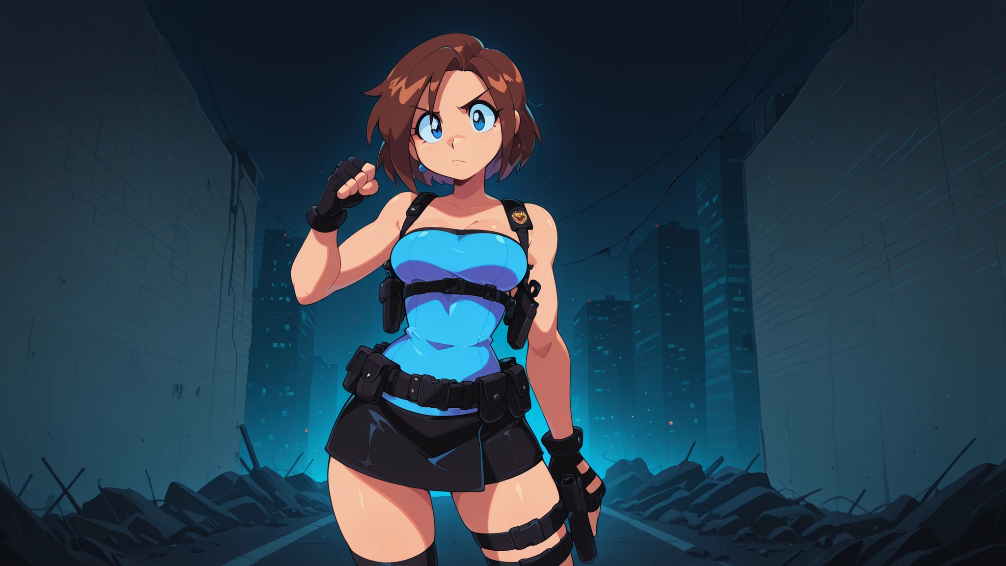 jillvalentineSDXL,high contrast, colorful, wallpaper, retro artstyle, 1990s (style), 1girl, BIG EYES, determined expression, medium breasts, score_9, score_8_up, score_7_up, masterpiece. blend of strong and stylish. Futuristic survival heroine. Short brown hair, detailed hair, detailed face, blue eyes, EyesHD. Soft, natural hair color. standing in a ruined cityscape at dusk. smoky skies background with neon glow. Dynamic lighting emphasizing tactical outfit, by Bacun.
Jill Valentine from Resident Evil 3, Tight blue tube top with subtle fabric texture. Black mini skirt with utility belt and holstered pistol. Knee-high black combat boots with reinforced soles. Fingerless gloves. Shoulder holster with spare magazines. Confident stance, alert and ready. Small emblem patch on belt or glove. Urban survivalist aesthetic with futuristic flair. Confident pose,