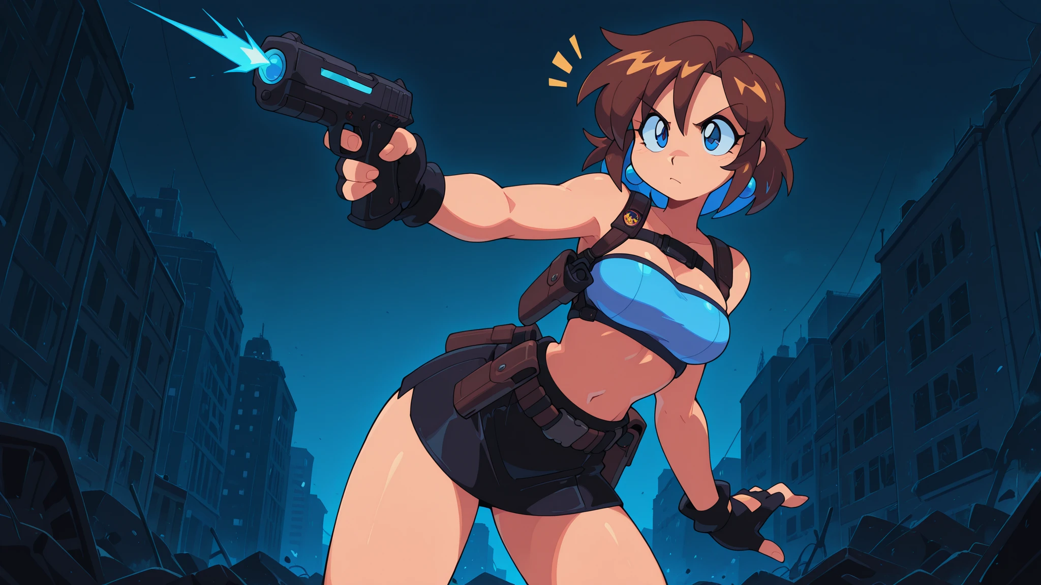 high contrast, colorful, wallpaper, retro artstyle, 1990s (style), 1girl, BIG EYES, determined expression, medium breasts, score_9, score_8_up, score_7_up, masterpiece. blend of strong and stylish. Futuristic survival heroine. Short brown hair, detailed hair, detailed face, blue eyes, EyesHD. Soft, natural hair color. standing in a ruined cityscape at dusk. smoky skies background with neon glow. Dynamic lighting emphasizing tactical outfit, by Bacun.
Jill Valentine from Resident Evil 3, Tight blue tube top with subtle fabric texture. Black mini skirt with utility belt and holstered pistol. Knee-high black combat boots with reinforced soles. Fingerless gloves. Shoulder holster with spare magazines. Confident stance, alert and ready. Small emblem patch on belt or glove. Urban survivalist aesthetic with futuristic flair. Confident pose,