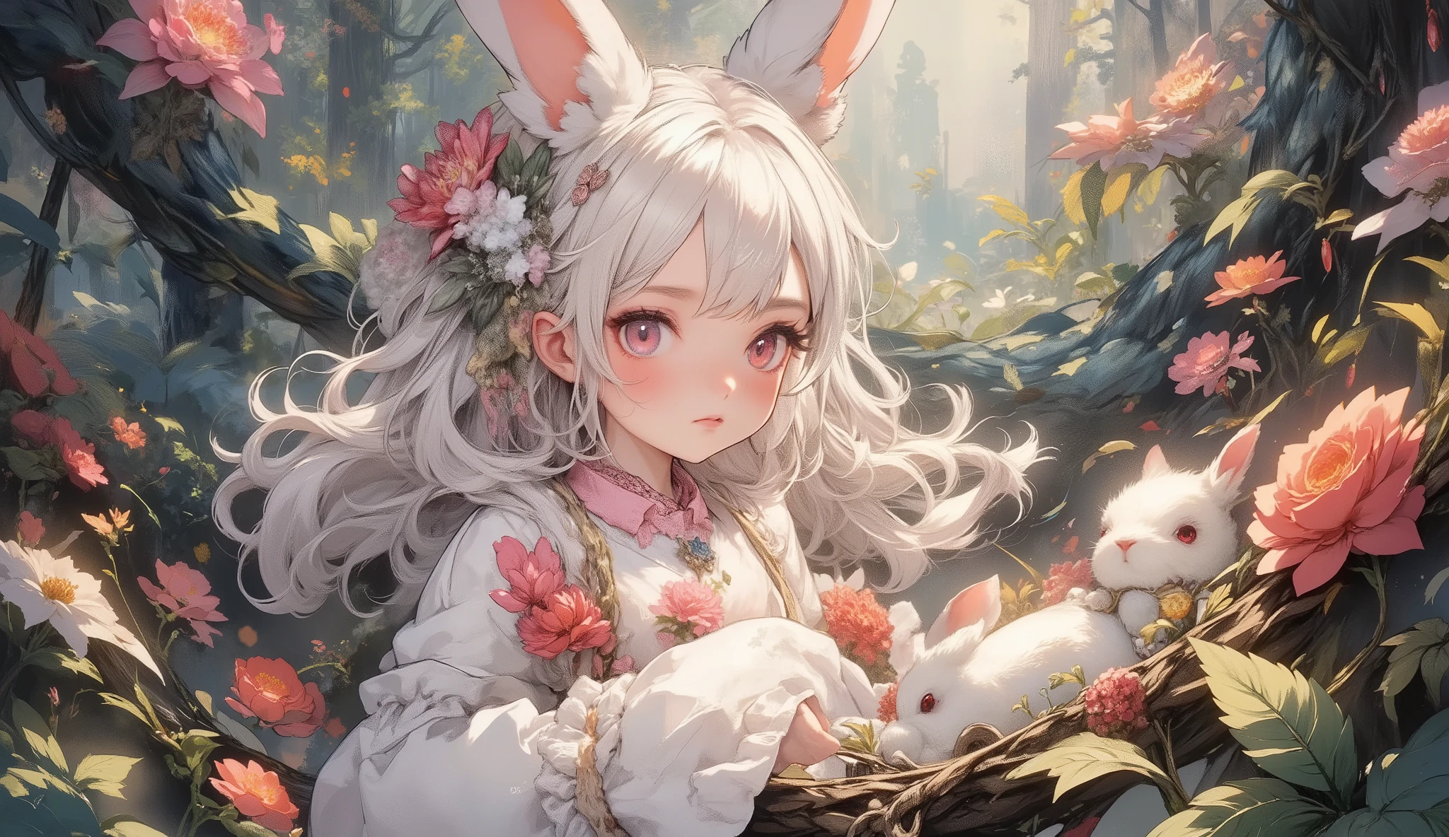 (Highest Quality, Super Detailed:1.5), 8k,(one girl), (Bunny Eared Elf Girl:1.5),Platinum Blonde Hair, very long hair, round eyes,(bunny ears grow:1.5), (Anatomically Accurate Hand:1.5),(red beautiful eyes:1.5), Full Body, arms behind back, small breasts,(Beautiful Vines and Flowers々playing with fairies that look like rabbits:1.5),( beautiful flowers 々is in full bloom:1.5), (The background is a beautiful fantastic forest:1.5), (long-sleeved white and pink ruffle collared dress:1.5), (I'm sitting in a hammock woven with:1.5),(A girl is holding a biologically accurate rabbit:1.5),(Anatomically Accurate Hand:1.5),