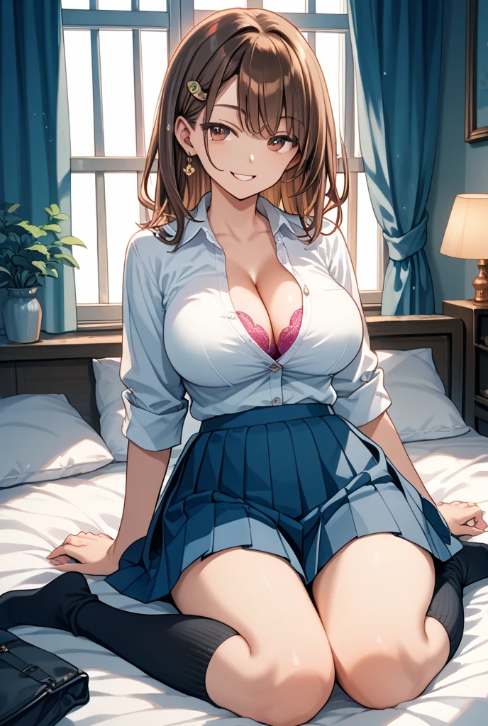 1girl, ????????????, brown hair, pink eyes, streaky hair, serafuku, half up hairstyle, hair ribbons, asymmetrical bangs, hair clips, onii horns, light smile, ear piercings, thick lips, indoors, kneeling, on bed, from below, cleavage, flirty expression, naughty face, seductive expression, seductive pose, white leg wear, microskirt, pink bedroom background, window, sakura, sunlight, chromic aberration, photography