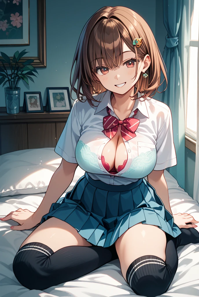 ((solo girl)),((Perfect body,))((Super beautiful,))((High quality,)),in bedroom,((Perfect body,))((Super beautiful,))((High quality,)),collar,nswf,cowboy shot, ((Reisalin Stout,Atelier Ryza,hat,hairbow,Yellow blond hair,dark brown skin,white blazer school uniforms,very short red Pleated skirts,))Pleated skirts that are too short and expose ,(white  ,)(Heavy breathing,saliva, sweat, Sweaty and wet all over,)(Lift up the hem of her skirt to show off her ),Smile,Close mouth,