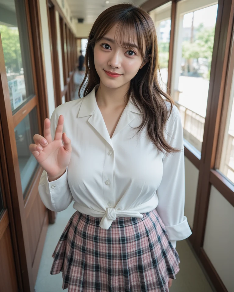 Top Quality,extremely highly detailed,​masterpiece,realisitic,Photo real,bright lighting,1 girl in, Very beautiful 17-year-old girl, (kawaii:1.2),faint smile, (Brown eyes),(light brown hair),(bangs),perfect shiny skin,Flawless skin,((,Sexy and  )),((Precise hands without dissonance)), large full breasts,Big breasts and a thin waist, Watch your audience,,((Long sleeve uniform white shirt)),(pink mini pleated skirt),(Show :1.5),Wearing , focus,((Sits, crossed leg)), daytime,at a cafe, Smiling broadly, cute tie:1.5, korean young girl