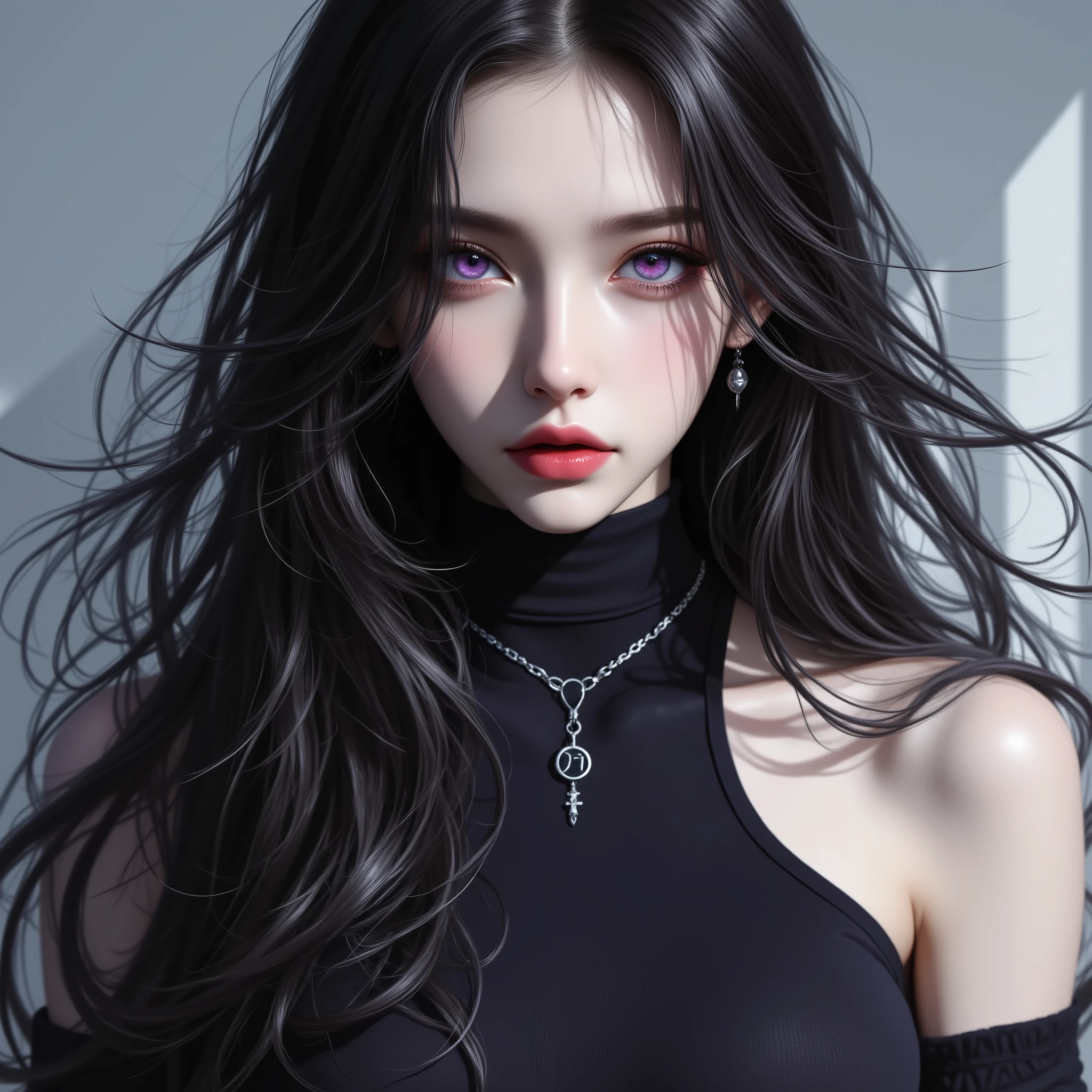 Photo Real、realistic skin texture、Beautiful pale violet eyes、Black hair with slightly purple tips、long hair fluttering in the wind、tight black clothes