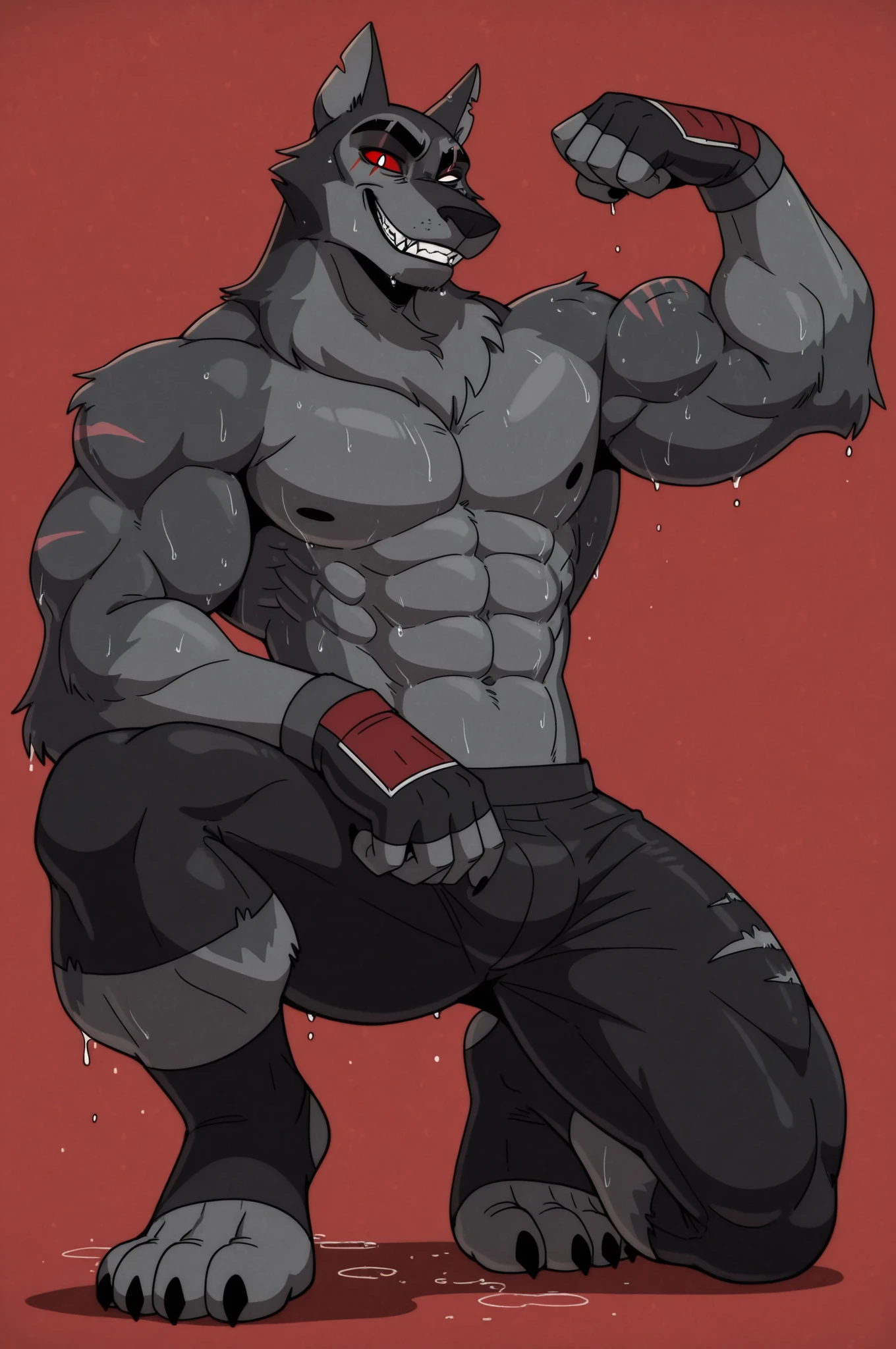masterpiece, high quality, detailed, male, solo male, VortexHB, 1boy, mature male, anthro, wolf, hellhound, dark gray fur, light underbelly, white eyes, red sclera, colored sclera, scar on left eye, white sclera on left eye, white left eye, animal ears, broad shoulders, athletic build, thick eyebrows, on one knee, flexing, full body, looking at viewer, smiling, shirtless, topless, black MMA shorts with red lines, MMA fingerless gloves with red pads, black toeless socks, pecs, abs, black pants, sweaty, sweat dripping, simple background