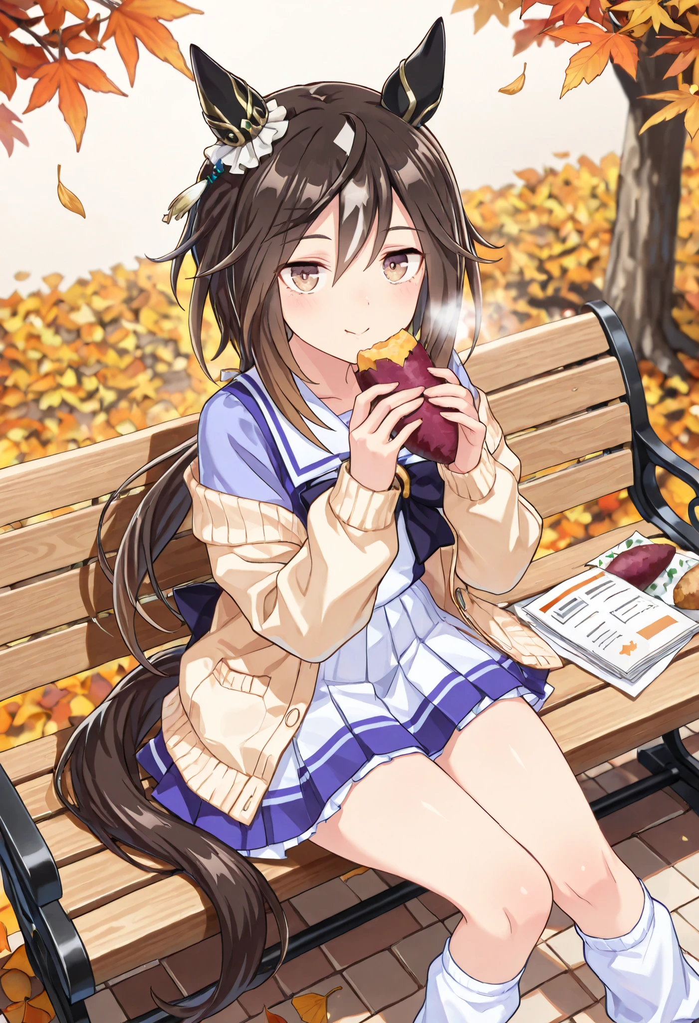 (masterpiece, best quality, perfect face:1.4), wide angle, stay gold \(umamusume\), black hair, multicolored hair, brown eyes, hair between eyes, white hair, low ponytail, brown hair, single ear cover, two-tone hair, streaked hair, small breasts, horse ears, horse tail, tail on the lower back, proportional body, proportional,1 girl, beautiful hair, beautiful face, beautiful detailed eyes, beautiful clavicle, beautiful body, beautiful chest, beautiful thigh, beautiful legs, beautiful fingers, BREAK, wearing autumn JK outfit: oversized cream cardigan slipping off shoulders, plaid skirt in warm red tones, white blouse with loosened ribbon tie, ultra-loose socks bunching over brown loafers,
pose: seated on park bench beneath maple tree, leaning forward with both hands holding roasted sweet potato wrapped in paper, mouth open in eager bite, skirt hem riding slightly with playful movement, hair strands falling across cheeks,
background: golden autumn park, ground layered with fallen leaves, warm sunset light filtering through red and orange foliage, food stalls faintly blurred in distance, air alive with cozy seasonal atmosphere,
composition: cinematic close-mid shot, focus on her joyful expression and food, roasted sweet potato steaming visibly, leaves drifting softly in breeze, warm golden light framing subject in gentle glow,
textures: crisp cardigan knit, glossy sweet potato skin splitting to reveal steaming golden interior, fallen leaves detailed in various hues, silky hair strands highlighted with sunset tones, skin radiant against warm palette, BREAK, good hands,