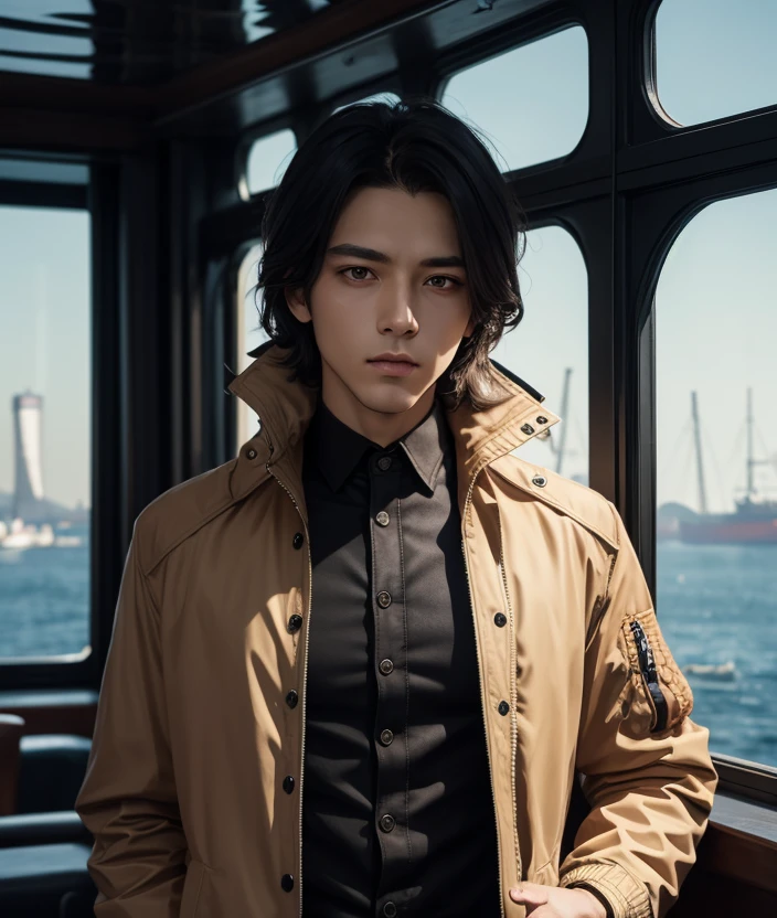 Highest quality, masterpiece, Ultra-high resolution, (Realistic:1.4), RAW Photos, Young and handsome men, Brown Hair, (Night city background:1.2)