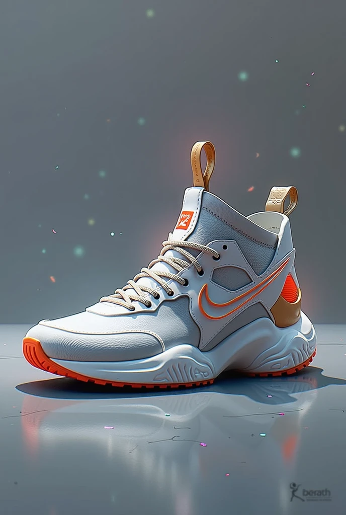 product photography of a cybepunk sneaker, epic rendering, octane, atmosphere, particles, soft volumetric lights, (backlit:1.3), (cinematic:1.3), intricate details of neon orange and black gold colors, detail,(side view),center of page