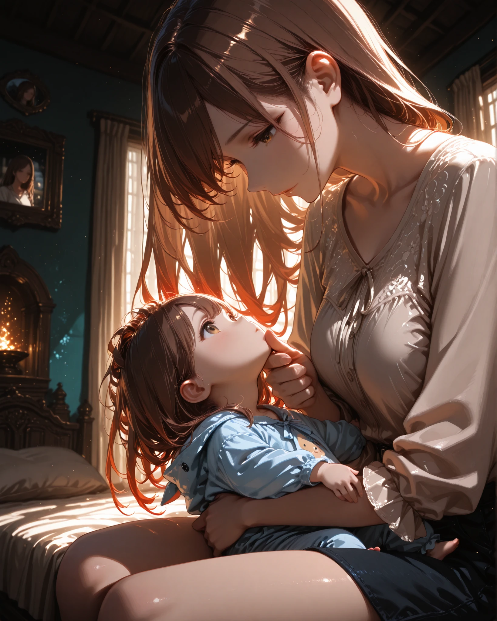 front angle, extreme close-up showing two children on their mother's lap, only the mother's hair from the chin down, without showing her face, (masterpiece, 4k, ultra-detailed image, vivid colors, professional photo, cinema angle), {1woman}: (a beautiful woman, long brown hair, wearing casual clothes holding two babies, her daughters, one newborn and one year old, one in each arm, the woman is sitting on a bed), well-lit and harmonious environment with perfect shadows