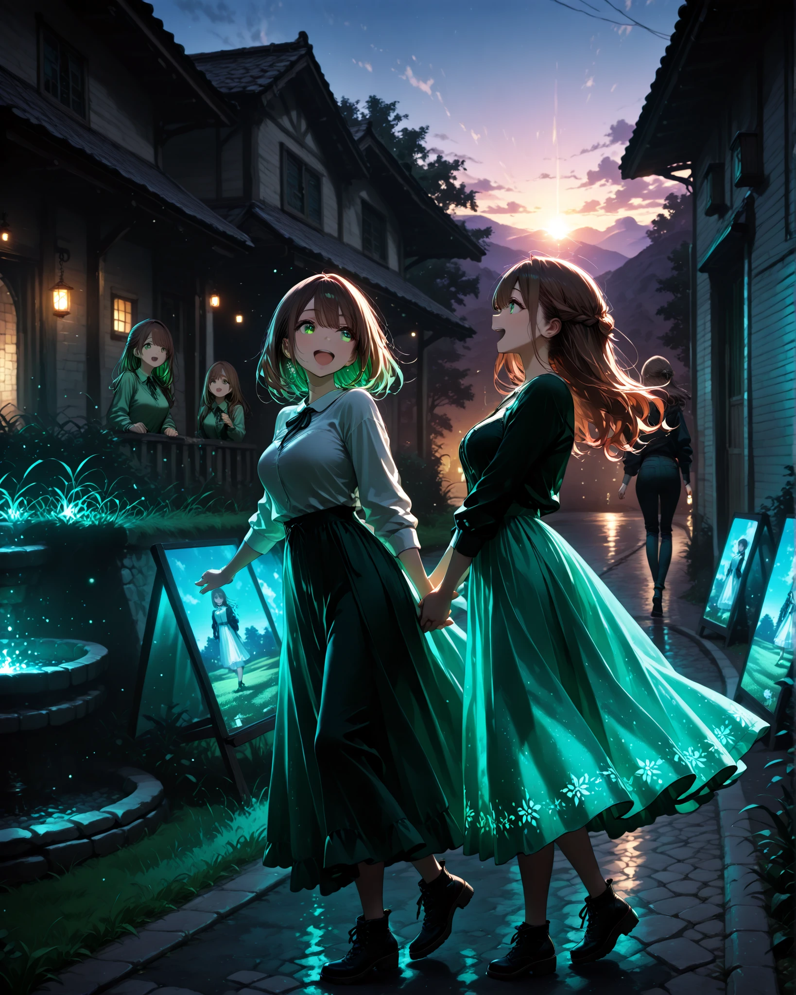 side angle, (masterpiece, 4k, ultra-detailed image, vivid colors, professional photo, cinema angle), two brown-haired twin sisters, approximately 5 years old, wearing casual clothes, playing happily, chasing each other in a backyard of a house with very green grass, well-lit and harmonious environment with perfect shadows