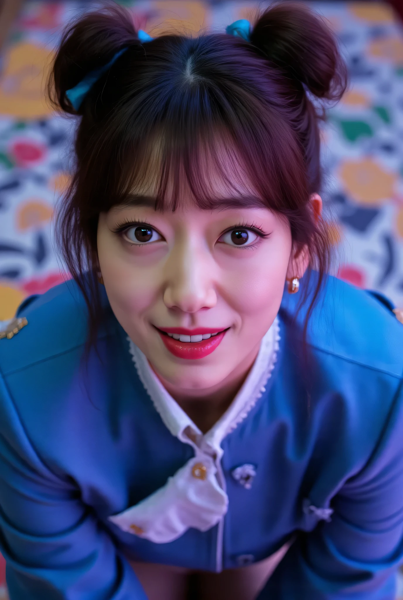 Park_Shin-hye, (Face-focus:1.3), (8mm fisheye lens:1.3), fisheye curvature applied to her face eyes chin and lips, extreme wide-angle distortion, warped perspective, curved lines, 180° field of view, Park Shin-hye in a Chun-Li from Street Fighter cosplay, high downward angle face close-up from overhead, bright makeup, laughs, plump and fleshy lips, her protruding and oversized chin that is exaggerated by fisheye lens dominates the foreground, her face distorted by fisheye perspective, oversized chin and lips exaggerated by fisheye lens distortion, she is looking directly at the viewer, (wrinkly face:1.3), her eyes are smothered in smoky black eyeshadow with dramatic winged eyeliner, outrageously long and voluminous lash extensions, long neck, peach blush on her cheeks, black mascara, fluorescent lighting, two oxhorns hairstyle(two high buns) adorned with white silk brocades and ribbons, blue qipao with golden accents, puffy sleeves, and a white waistband,  kneeling with her knees on the floor, leaning on both her hands that are concealed between her bare thighs, oversized chin that is exaggerated by fisheye lens dominates the frame.

BREAK

masterpiece, best quality, high resolution, ultra-detailed, volumetric lighting, detailed hair, detailed eyes, detailed face within fisheye distortion, features distorted by extreme wide-angle perspective, exquisitely rendered, dramatic shading, subsurface scattering, score_9, score_8_up, score_7_up

