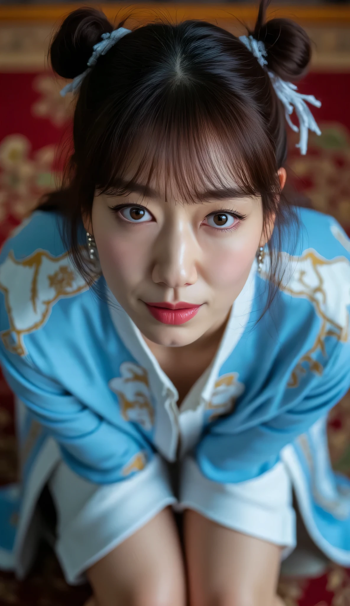 Park_Shin-hye, (Face-focus:1.3), (8mm fisheye lens:1.3), fisheye curvature applied to her face eyes chin and lips, extreme wide-angle distortion, warped perspective, curved lines, 180° field of view, Park Shin-hye in a Chun-Li from Street Fighter cosplay, high downward angle face close-up from overhead, bright makeup, laughs, plump and fleshy lips, her protruding and oversized chin that is exaggerated by fisheye lens dominates the foreground, her face distorted by fisheye perspective, oversized chin and lips exaggerated by fisheye lens distortion, she is looking directly at the viewer, (wrinkly face:1.3), her eyes are smothered in smoky black eyeshadow with dramatic winged eyeliner, outrageously long and voluminous lash extensions, long neck, peach blush on her cheeks, black mascara, fluorescent lighting, two oxhorns hairstyle(two high buns) adorned with white silk brocades and ribbons, blue qipao with golden accents, puffy sleeves, and a white waistband, kneeling with her knees on the floor, leaning on both her hands that are concealed between her bare thighs, oversized chin that is exaggerated by fisheye lens dominates the frame.
BREAK
masterpiece, best quality, high resolution, ultra-detailed, volumetric lighting, detailed hair, detailed eyes, detailed face within fisheye distortion, features distorted by extreme wide-angle perspective, exquisitely rendered, dramatic shading, subsurface scattering, score_9, score_8_up, score_7_up