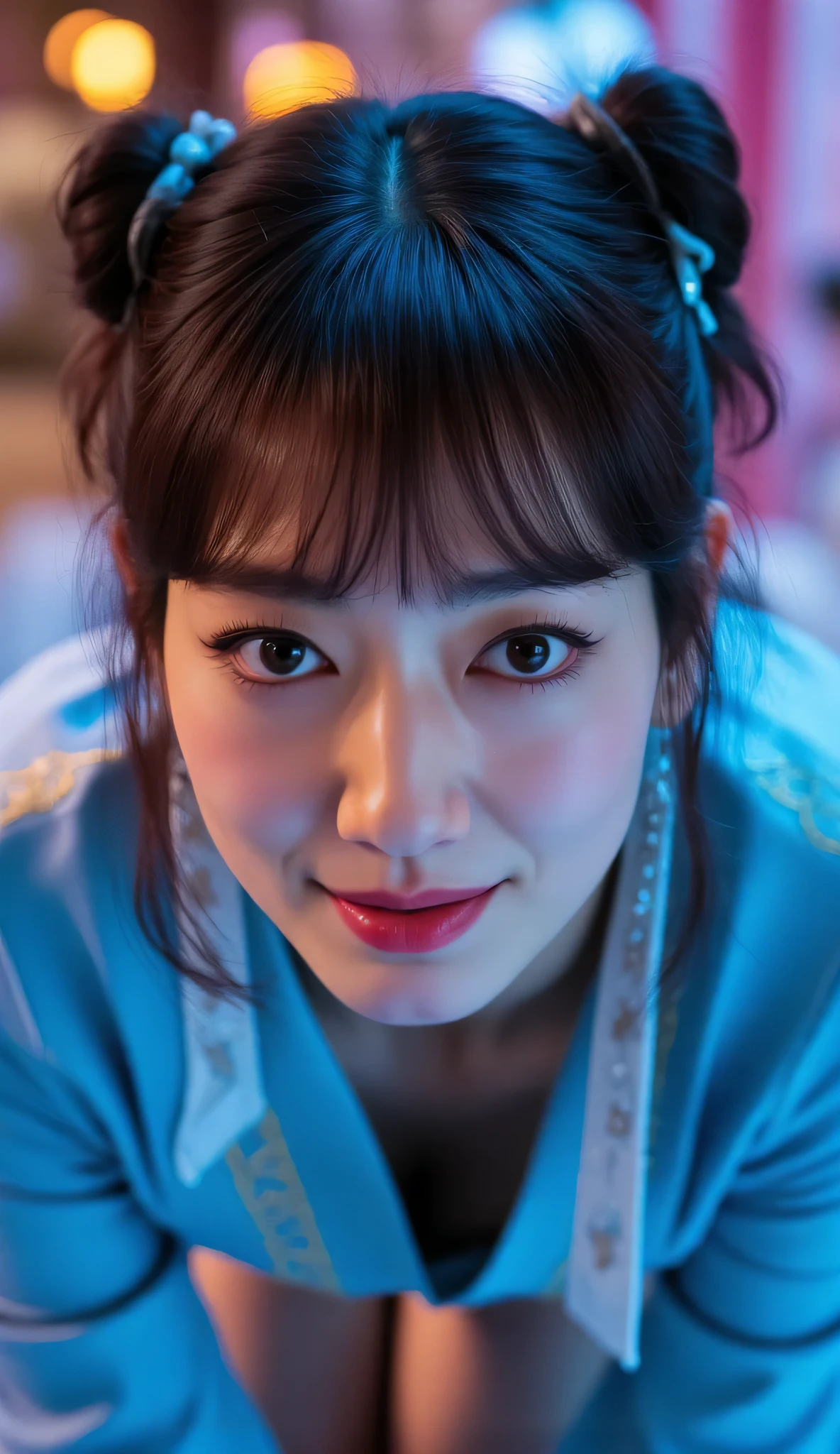 Park_Shin-hye, (Face-focus:1.3), (8mm fisheye lens:1.3), fisheye curvature applied to her face eyes chin and lips, extreme wide-angle distortion, warped perspective, curved lines, 180° field of view, Park Shin-hye in a Chun-Li from Street Fighter cosplay, high downward angle face close-up from overhead, bright makeup, laughs, plump and fleshy lips, her protruding and oversized chin that is exaggerated by fisheye lens dominates the foreground, her face distorted by fisheye perspective, oversized chin and lips exaggerated by fisheye lens distortion, she is looking directly at the viewer, (wrinkly face:1.3), her eyes are smothered in smoky black eyeshadow with dramatic winged eyeliner, outrageously long and voluminous lash extensions, long neck, peach blush on her cheeks, black mascara, fluorescent lighting, two oxhorns hairstyle(two high buns) adorned with white silk brocades and ribbons, blue qipao with golden accents, puffy sleeves, and a white waistband,  kneeling with her knees on the floor, leaning on both her hands that are concealed between her bare thighs, oversized chin that is exaggerated by fisheye lens dominates the frame.

BREAK

masterpiece, best quality, high resolution, ultra-detailed, volumetric lighting, detailed hair, detailed eyes, detailed face within fisheye distortion, features distorted by extreme wide-angle perspective, exquisitely rendered, dramatic shading, subsurface scattering, score_9, score_8_up, score_7_up

