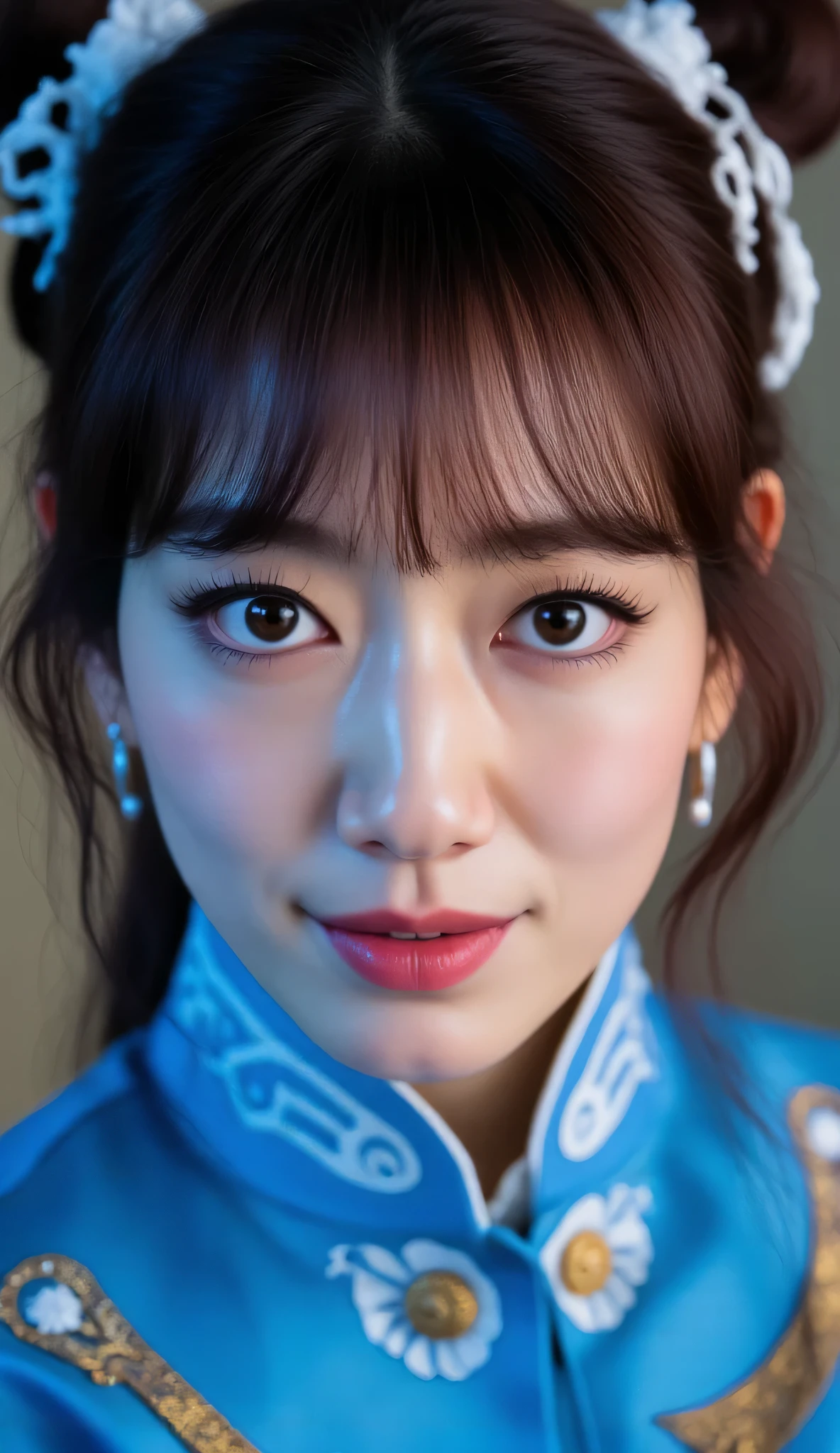 Park_Shin-hye, (Face-focus:1.3), (8mm fisheye lens:1.3), fisheye curvature applied to her face eyes chin and lips, extreme wide-angle distortion, warped perspective, curved lines, 180° field of view, Park Shin-hye in a Chun-Li from Street Fighter cosplay, face close-up, bright makeup, laughs, plump and fleshy lips, her protruding and oversized chin that is exaggerated by fisheye lens dominates the frame, her face distorted by fisheye perspective, she is looking directly at the viewer, (wrinkly face:1.3), her eyes are smothered in smoky black eyeshadow with dramatic winged eyeliner, outrageously long and voluminous lash extensions, long neck, peach blush on her cheeks, black mascara, fluorescent lighting, two oxhorns hairstyle(two high buns) adorned with white silk brocades and ribbons, blue qipao with golden accents, puffy sleeves.

BREAK

masterpiece, best quality, high resolution, ultra-detailed, volumetric lighting, detailed hair, detailed eyes, detailed face within fisheye distortion, features distorted by extreme wide-angle perspective, exquisitely rendered, dramatic shading, subsurface scattering, score_9, score_8_up, score_7_up

