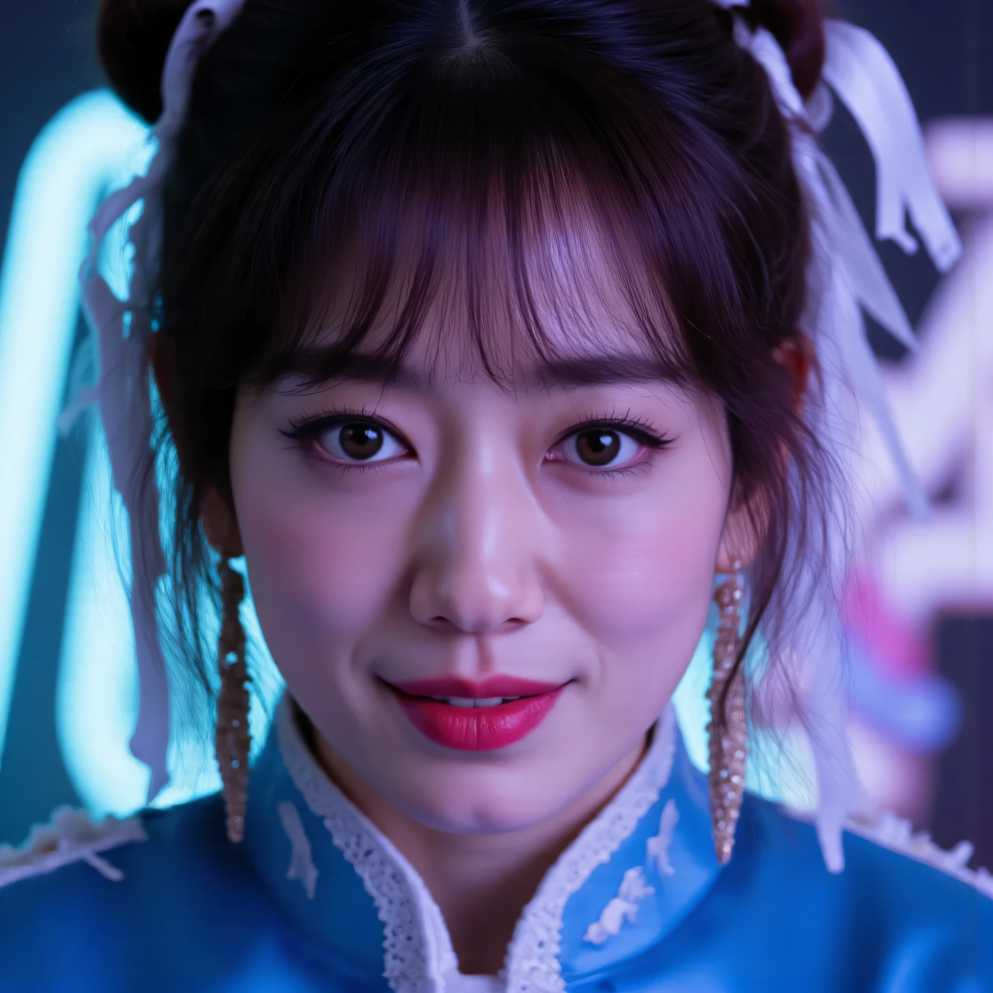 Park_Shin-hye, (Face-focus:1.3), (8mm fisheye lens:1.3), fisheye curvature applied to her face eyes chin and lips, extreme wide-angle distortion, warped perspective, curved lines, 180° field of view, Park Shin-hye in a Chun-Li from Street Fighter cosplay, face close-up, bright makeup, laughs a lot, plump and fleshy lips, her protruding and oversized chin that is exaggerated by fisheye lens dominates the frame, her face distorted by fisheye perspective, she is looking directly at the viewer, (wrinkly face:1.3), her eyes are smothered in smoky black eyeshadow with dramatic winged eyeliner, outrageously long and voluminous lash extensions, long neck, peach blush on her cheeks, black mascara, fluorescent lighting, two oxhorns hairstyle(two high buns) adorned with white silk brocades and ribbons, blue qipao with golden accents, puffy sleeves.
BREAK
masterpiece, best quality, high resolution, ultra-detailed, volumetric lighting, detailed hair, detailed eyes, detailed face within fisheye distortion, features distorted by extreme wide-angle perspective, exquisitely rendered, dramatic shading, subsurface scattering, score_9, score_8_up, score_7_up