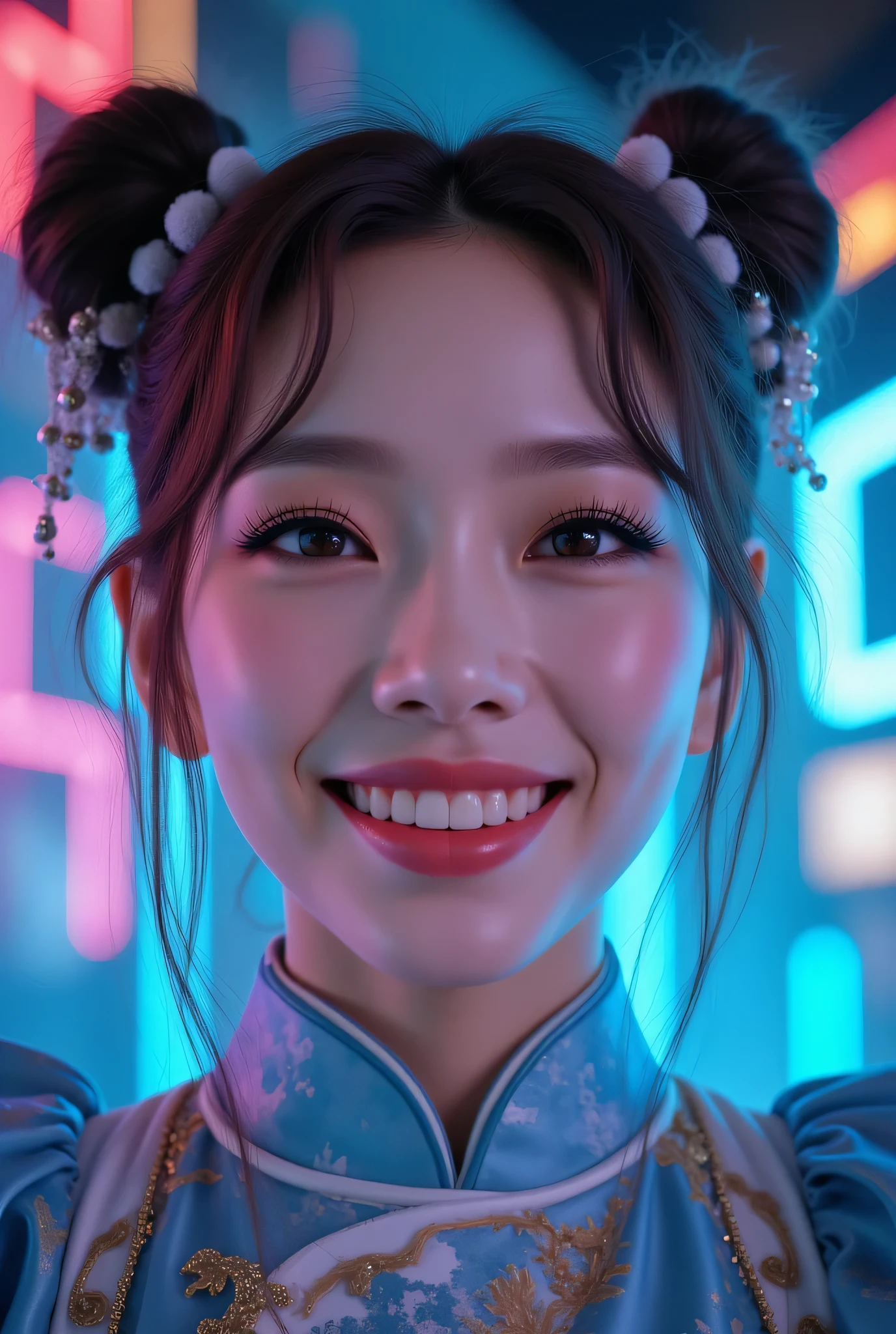 ohwx, (Face-focus:1.3), (8mm fisheye lens:1.3), fisheye curvature applied to her face eyes chin and lips, extreme wide-angle distortion, warped perspective, curved lines, 180° field of view, Taeyeon in a Chun-Li from Street Fighter cosplay, face close-up, bright makeup, laughs a lot, plump and fleshy lips, her protruding and oversized chin that is exaggerated by fisheye lens dominates the frame, her face distorted by fisheye perspective, she is looking directly at the viewer, (wrinkly face:1.3), her eyes are smothered in smoky black eyeshadow with dramatic winged eyeliner, outrageously long and voluminous lash extensions, long neck, peach blush on her cheeks, black mascara, fluorescent lighting, two oxhorns hairstyle(two high buns) adorned with white silk brocades and ribbons, blue qipao with golden accents, puffy sleeves.
BREAK
masterpiece, best quality, high resolution, ultra-detailed, volumetric lighting, detailed hair, detailed eyes, detailed face within fisheye distortion, features distorted by extreme wide-angle perspective, exquisitely rendered, dramatic shading, subsurface scattering, score_9, score_8_up, score_7_up