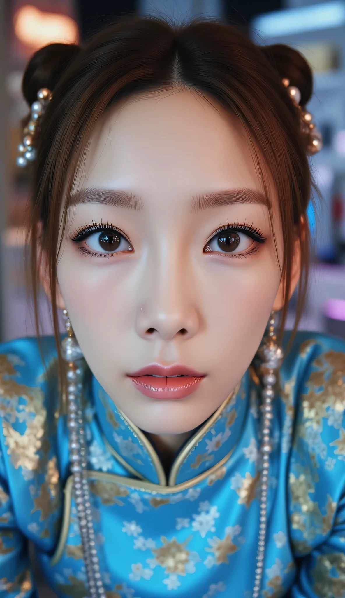 ohwx, (Face-focus:1.3), (8mm fisheye lens:1.3), fisheye curvature applied to her face eyes chin and lips, extreme wide-angle distortion, warped perspective, curved lines, 180° field of view, Taeyeon in a Chun-Li from Street Fighter cosplay, face close-up, bright makeup, laughs a lot, plump and fleshy lips, her protruding and oversized chin that is exaggerated by fisheye lens dominates the frame, her face distorted by fisheye perspective, she is looking directly at the viewer, (wrinkly face:1.3), her eyes are smothered in smoky black eyeshadow with dramatic winged eyeliner, outrageously long and voluminous lash extensions, long neck, peach blush on her cheeks, black mascara, fluorescent lighting, two oxhorns hairstyle(two high buns) adorned with white silk brocades and ribbons, blue qipao with golden accents, puffy sleeves.
BREAK
masterpiece, best quality, high resolution, ultra-detailed, volumetric lighting, detailed hair, detailed eyes, detailed face within fisheye distortion, features distorted by extreme wide-angle perspective, exquisitely rendered, dramatic shading, subsurface scattering, score_9, score_8_up, score_7_up