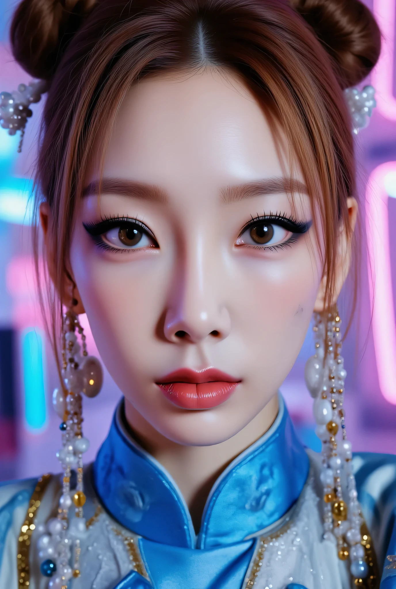 ohwx, (Face-focus:1.3), (8mm fisheye lens:1.3), fisheye curvature applied to her face eyes chin and lips, extreme wide-angle distortion, warped perspective, curved lines, 180° field of view, Taeyeon in a Chun-Li from Street Fighter cosplay, face close-up, bright makeup, laughs a lot, plump and fleshy lips, her protruding and oversized chin that is exaggerated by fisheye lens dominates the frame, her face distorted by fisheye perspective, she is looking directly at the viewer, (wrinkly face:1.3), her eyes are smothered in smoky black eyeshadow with dramatic winged eyeliner, outrageously long and voluminous lash extensions, long neck, peach blush on her cheeks, black mascara, fluorescent lighting, two oxhorns hairstyle(two high buns) adorned with white silk brocades and ribbons, blue qipao with golden accents, puffy sleeves.
BREAK
masterpiece, best quality, high resolution, ultra-detailed, volumetric lighting, detailed hair, detailed eyes, detailed face within fisheye distortion, features distorted by extreme wide-angle perspective, exquisitely rendered, dramatic shading, subsurface scattering, score_9, score_8_up, score_7_up