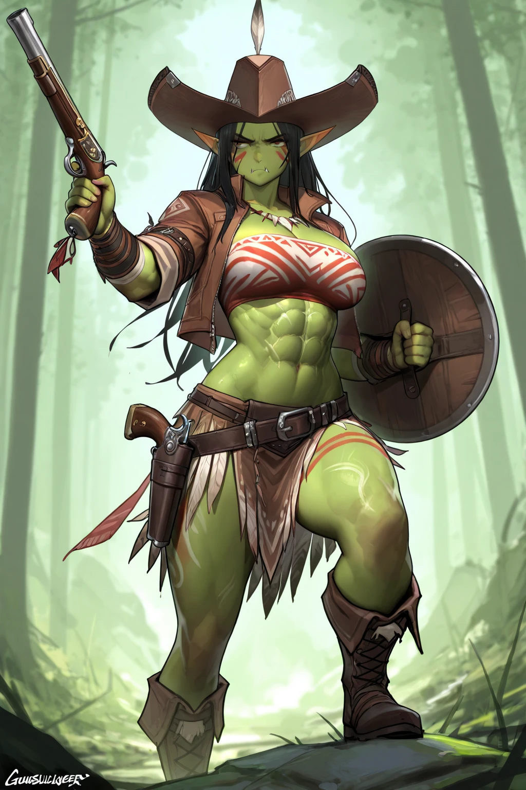 score_9, score_8_up, score_7_up, score_6_up, score_5_up, score_4_up, 1girl, <lora:RakaWOW:0.8> orc, muscular, muscular female, tusks, pointy ears, colored skin, green skin, mohawk, braid, black hair, earrings, jewelry, blush, smile, standing, loincloth, large breasts, v sign, looking at viewer, 
light blue background, simple background,
