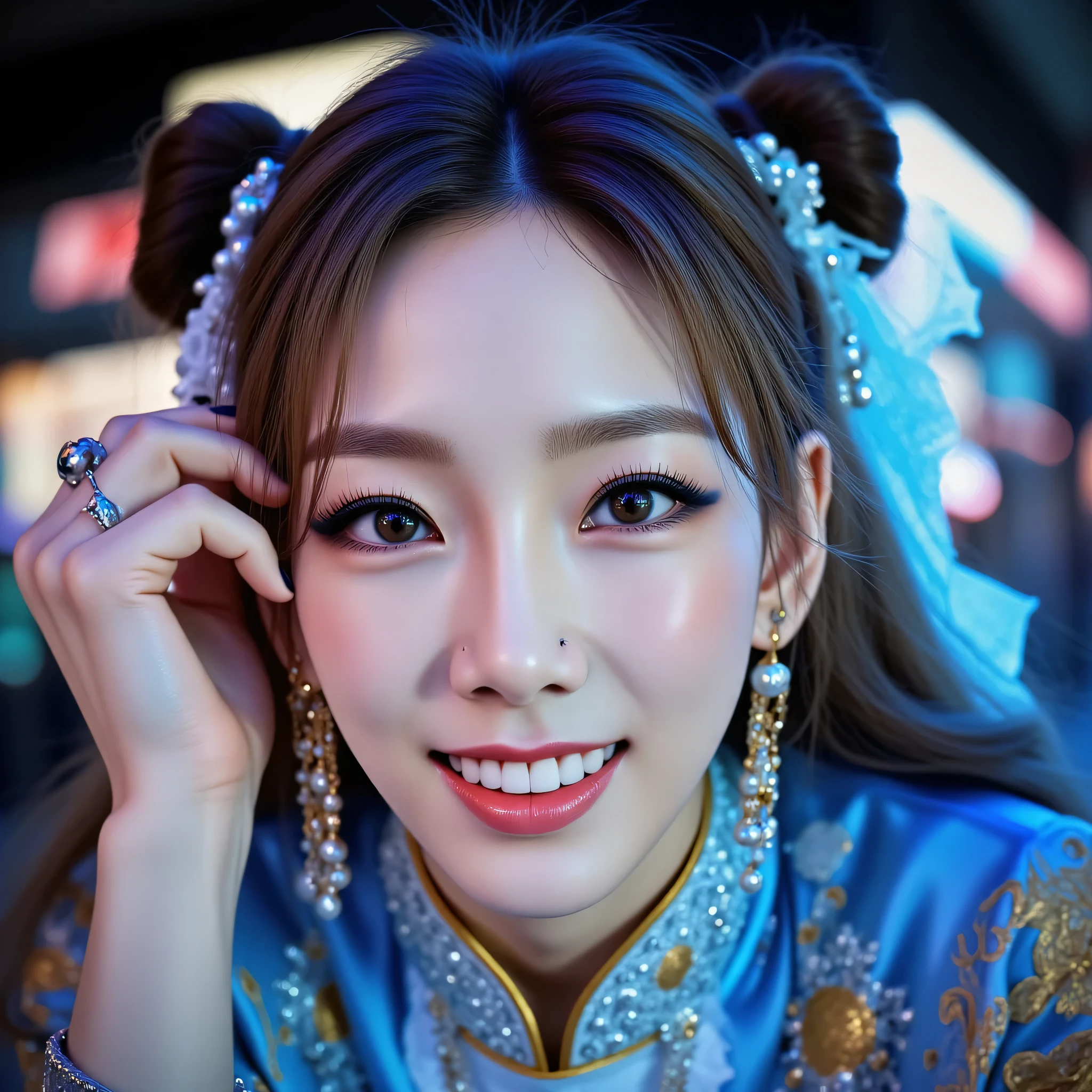 ohwx, (Face-focus:1.3), (8mm fisheye lens:1.3), fisheye curvature applied to her face eyes chin and lips, extreme wide-angle distortion, warped perspective, curved lines, 180° field of view, Taeyeon in a Chun-Li from Street Fighter cosplay, face close-up, bright makeup, smiles with her teeth visible, plump and fleshy lips, her protruding and oversized chin that is exaggerated by fisheye lens dominates the frame, her face distorted by fisheye perspective, she is looking directly at the viewer, (wrinkly face:1.3), her eyes are smothered in smoky black eyeshadow with dramatic winged eyeliner, outrageously long and voluminous lash extensions, long neck, peach blush on her cheeks, black mascara, fluorescent lighting, two oxhorns hairstyle(two high buns) adorned with white silk brocades and ribbons, blue qipao with golden accents, puffy sleeves.
BREAK
masterpiece, best quality, high resolution, ultra-detailed, volumetric lighting, detailed hair, detailed eyes, detailed face within fisheye distortion, features distorted by extreme wide-angle perspective, exquisitely rendered, dramatic shading, subsurface scattering, score_9, score_8_up, score_7_up
