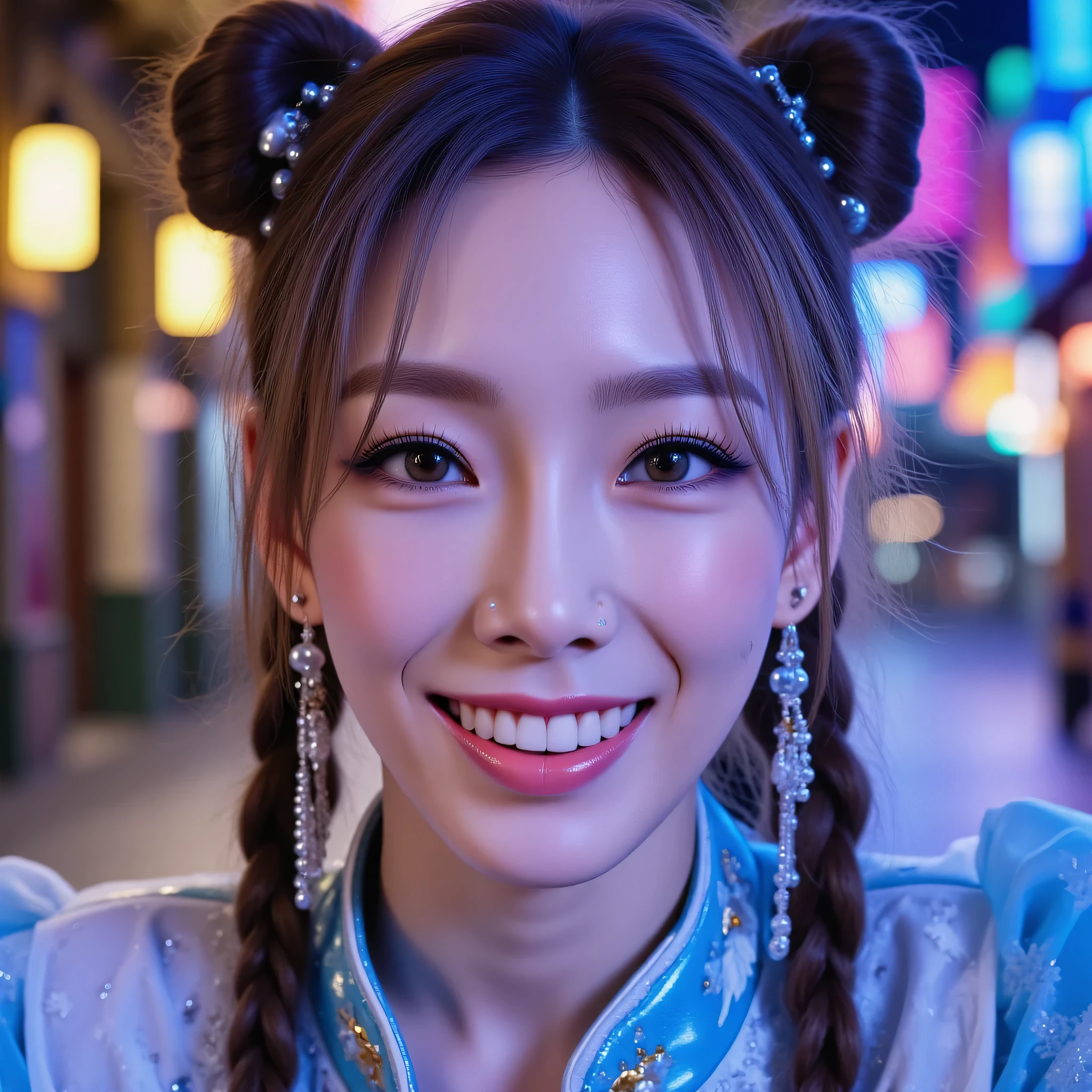 ohwx, (Face-focus:1.3), (8mm fisheye lens:1.3), fisheye curvature applied to her face eyes chin and lips, extreme wide-angle distortion, warped perspective, curved lines, 180° field of view, Taeyeon in a Chun-Li from Street Fighter cosplay, face close-up, bright makeup, smiles with her teeth visible, plump and fleshy lips, her protruding and oversized chin that is exaggerated by fisheye lens dominates the frame, her face distorted by fisheye perspective, she is looking directly at the viewer, (wrinkly face:1.3), her eyes are smothered in smoky black eyeshadow with dramatic winged eyeliner, outrageously long and voluminous lash extensions, long neck, peach blush on her cheeks, black mascara, fluorescent lighting, two oxhorns hairstyle(two high buns) adorned with white silk brocades and ribbons, blue qipao with golden accents, puffy sleeves.
BREAK
masterpiece, best quality, high resolution, ultra-detailed, volumetric lighting, detailed hair, detailed eyes, detailed face within fisheye distortion, features distorted by extreme wide-angle perspective, exquisitely rendered, dramatic shading, subsurface scattering, score_9, score_8_up, score_7_up