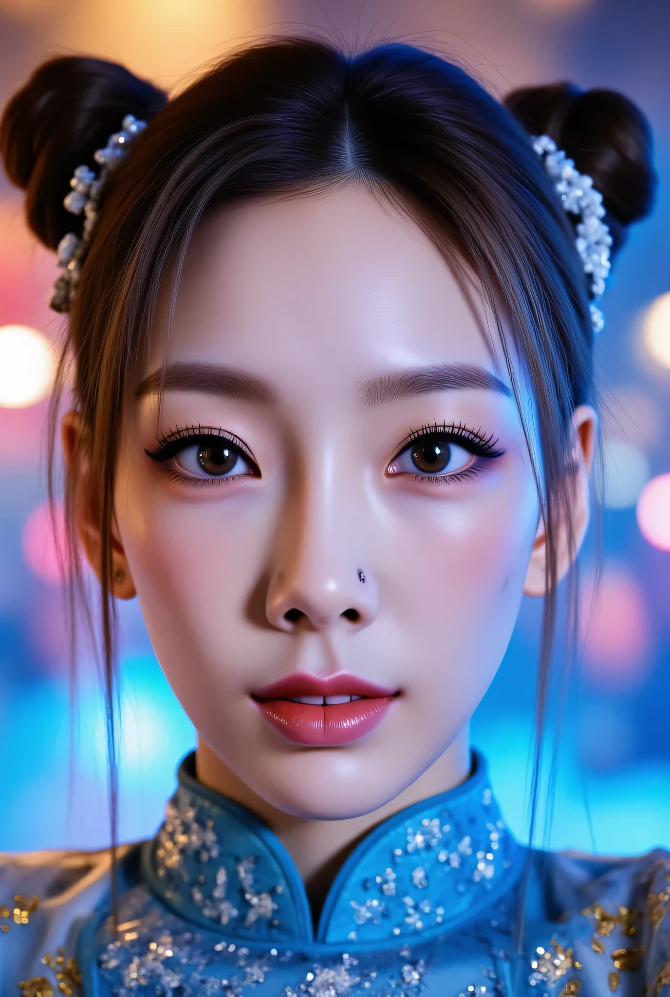 ohwx, (Face-focus:1.3), (8mm fisheye lens:1.3), fisheye curvature applied to her face eyes chin and lips, extreme wide-angle distortion, warped perspective, curved lines, 180° field of view, Taeyeon in a Chun-Li from Street Fighter cosplay, face close-up, bright makeup, smiles with her teeth visible, plump and fleshy lips, her protruding and oversized chin that is exaggerated by fisheye lens dominates the frame, her face distorted by fisheye perspective, she is looking directly at the viewer, (wrinkly face:1.3), her eyes are smothered in smoky black eyeshadow with dramatic winged eyeliner, outrageously long and voluminous lash extensions, long neck, peach blush on her cheeks, black mascara, fluorescent lighting, two oxhorns hairstyle(two high buns) adorned with white silk brocades and ribbons, blue qipao with golden accents, puffy sleeves.
BREAK
masterpiece, best quality, high resolution, ultra-detailed, volumetric lighting, detailed hair, detailed eyes, detailed face within fisheye distortion, features distorted by extreme wide-angle perspective, exquisitely rendered, dramatic shading, subsurface scattering, score_9, score_8_up, score_7_up