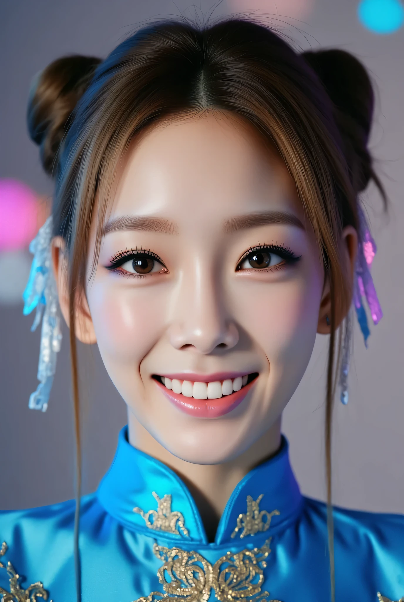 ohwx, (Face-focus:1.3), (8mm fisheye lens:1.3), fisheye curvature applied to her face eyes chin and lips, extreme wide-angle distortion, warped perspective, curved lines, 180° field of view, Taeyeon in a Chun-Li from Street Fighter cosplay, face close-up, bright makeup, smiles with her teeth visible, plump and fleshy lips, her protruding and oversized chin that is exaggerated by fisheye lens dominates the frame, her face distorted by fisheye perspective, she is looking directly at the viewer, (wrinkly face:1.3), her eyes are smothered in smoky black eyeshadow with dramatic winged eyeliner, outrageously long and voluminous lash extensions, long neck, peach blush on her cheeks, black mascara, fluorescent lighting, two oxhorns hairstyle(two high buns) adorned with white silk brocades and ribbons, blue qipao with golden accents, puffy sleeves.
BREAK
masterpiece, best quality, high resolution, ultra-detailed, volumetric lighting, detailed hair, detailed eyes, detailed face within fisheye distortion, features distorted by extreme wide-angle perspective, exquisitely rendered, dramatic shading, subsurface scattering, score_9, score_8_up, score_7_up