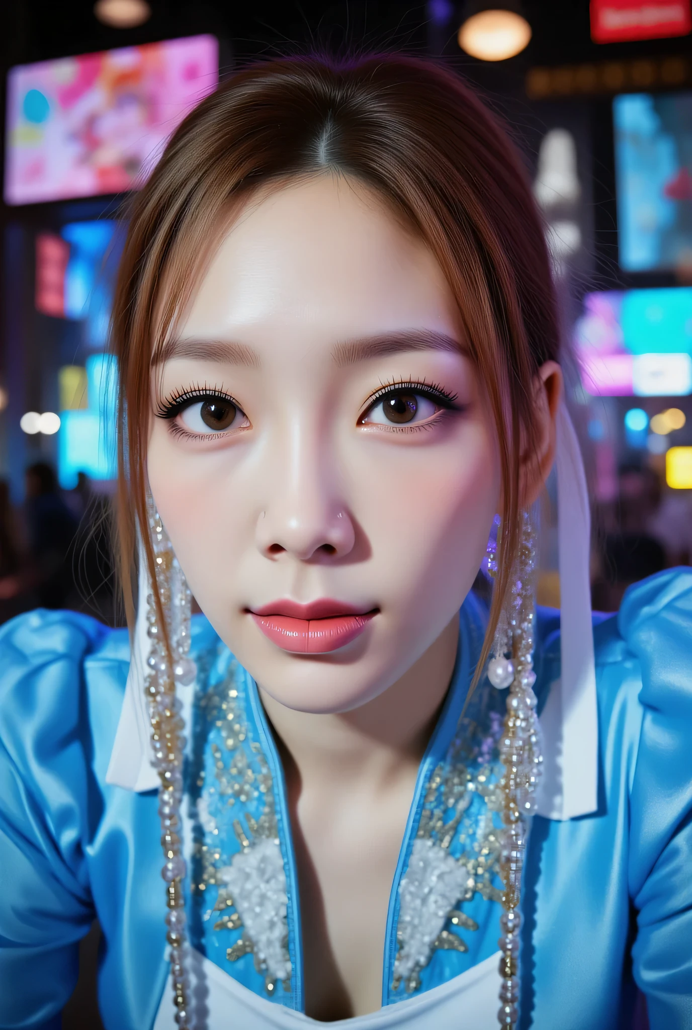ohwx, (Face-focus:1.3), (8mm fisheye lens:1.3), fisheye curvature applied to her face eyes chin and lips, extreme wide-angle distortion, warped perspective, curved lines, 180° field of view, Taeyeon in a Chun-Li from Street Fighter cosplay, face close-up, bright makeup, smiles with her teeth visible, plump and fleshy lips, her protruding and oversized chin that is exaggerated by fisheye lens dominates the frame, her face distorted by fisheye perspective, she is looking directly at the viewer, (wrinkly face:1.3), her eyes are smothered in smoky black eyeshadow with dramatic winged eyeliner, outrageously long and voluminous lash extensions, long neck, peach blush on her cheeks, black mascara, fluorescent lighting, two oxhorns hairstyle(two high buns) adorned with white silk brocades and ribbons, blue qipao with golden accents, puffy sleeves.
BREAK
masterpiece, best quality, high resolution, ultra-detailed, volumetric lighting, detailed hair, detailed eyes, detailed face within fisheye distortion, features distorted by extreme wide-angle perspective, exquisitely rendered, dramatic shading, subsurface scattering, score_9, score_8_up, score_7_up