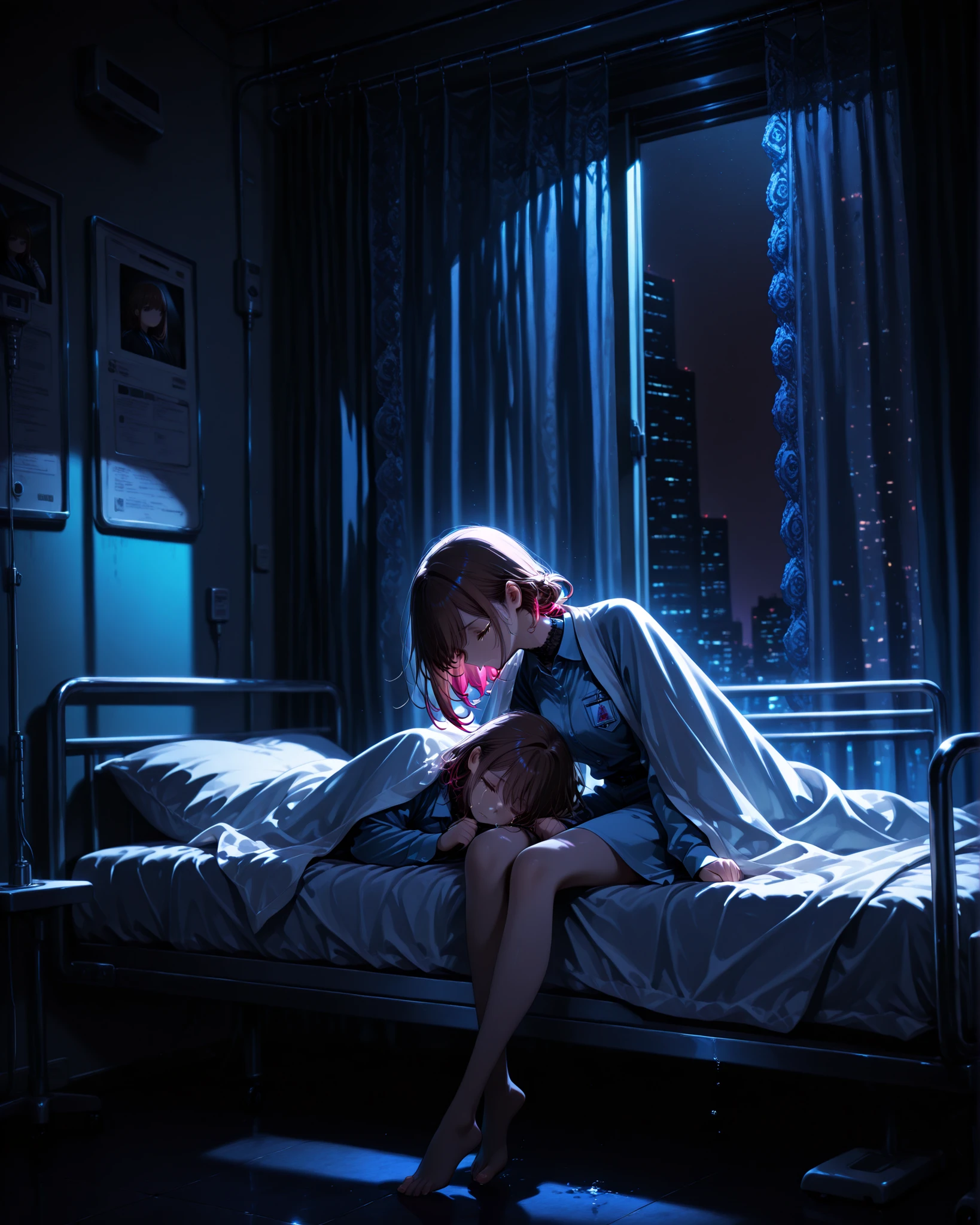 side angle, (masterpiece, 4k, ultra-detailed image, vivid colors, professional photo, cinema angle), two young brown-haired twin sisters, in a hospital room, one in bed sleeping, covered with a blanket up to her neck, the other sitting at the foot of the bed leaning over the bed, crying, very sad, in tears, dimly lit room with perfect shadows, with a large window in the background, at night, with lace curtains on the sides of the window