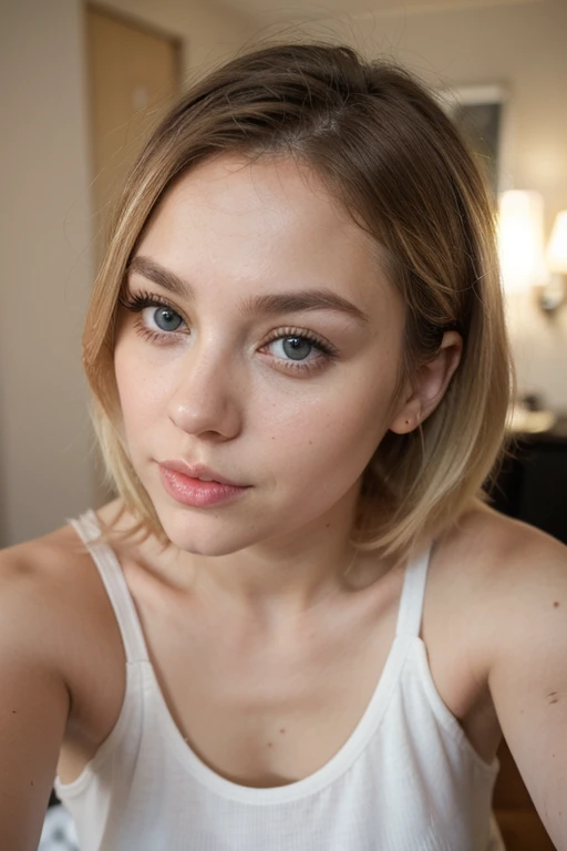 Young teen girl,  petite, blonde hair, small round face, ((small pointed nose:1.1)), blushing cheeks, bright hazel eyes, ((((Kelsey McWilder)))), 8k, 4k, highly detailed face and eyes, imperfect skin, highly detailed skin texture, hair in bun, torso portrait, standing in office,  deep v , (chubby), , pouting lips, large 